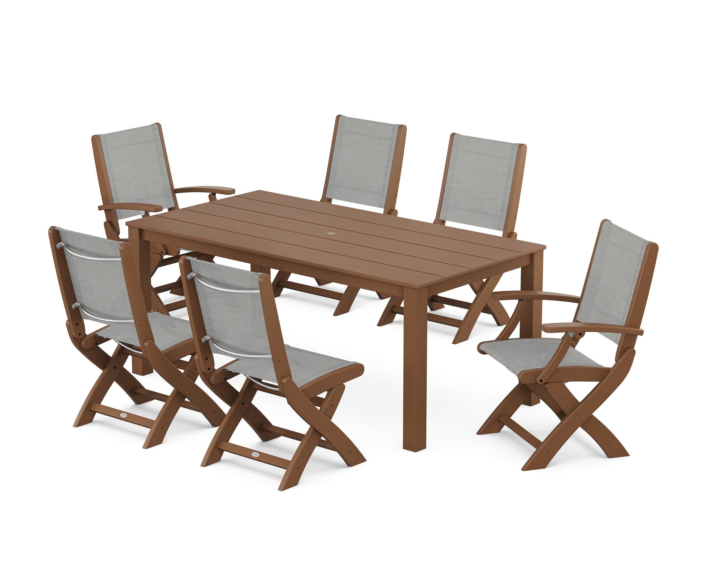 Coastal Folding Chair 7-Piece Parsons Dining Set in Teak / Metallic Sling