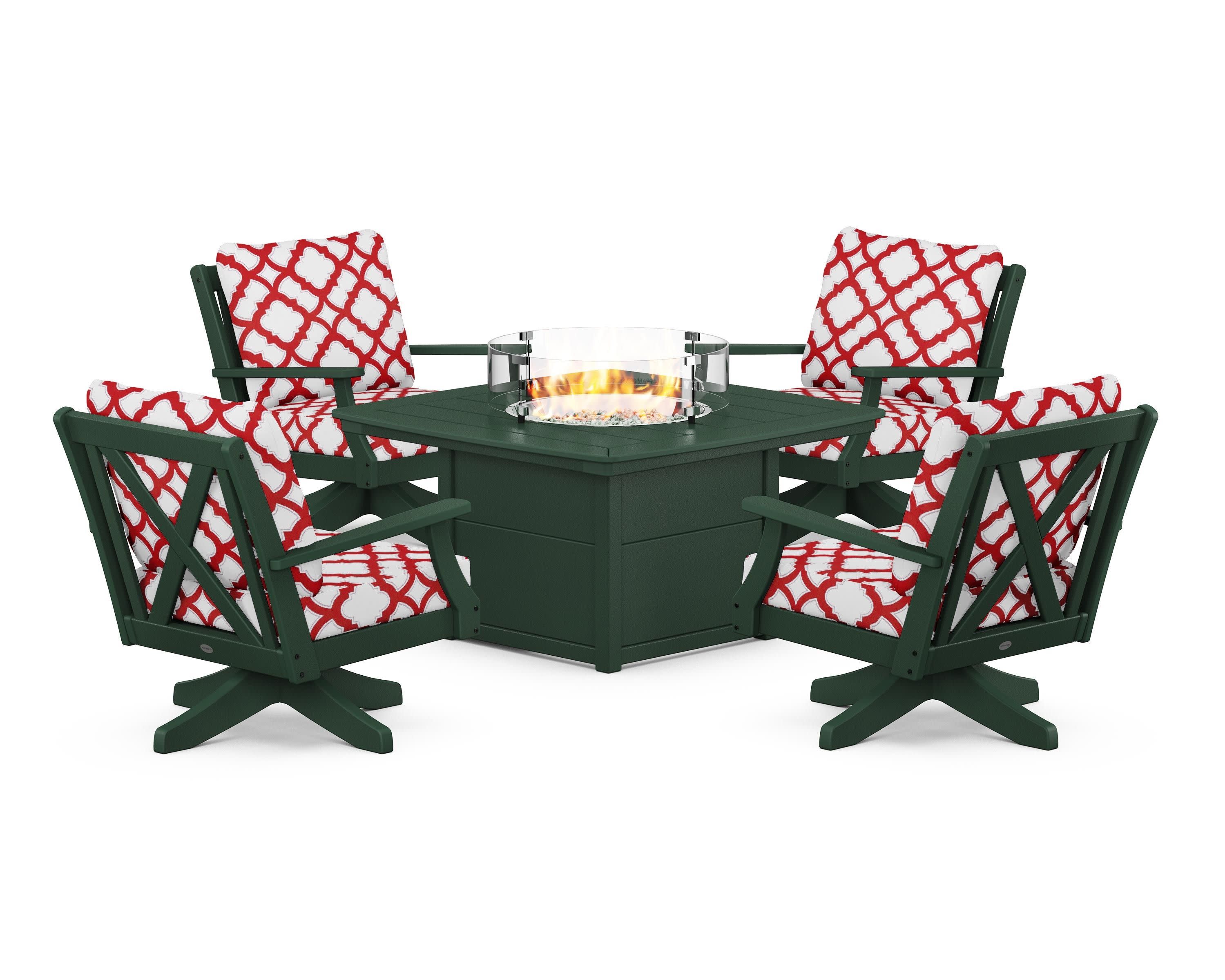 Braxton 5-Piece Deep Seating Swivel Conversation Set with Fire Pit Table in Green / Trellis Crimson