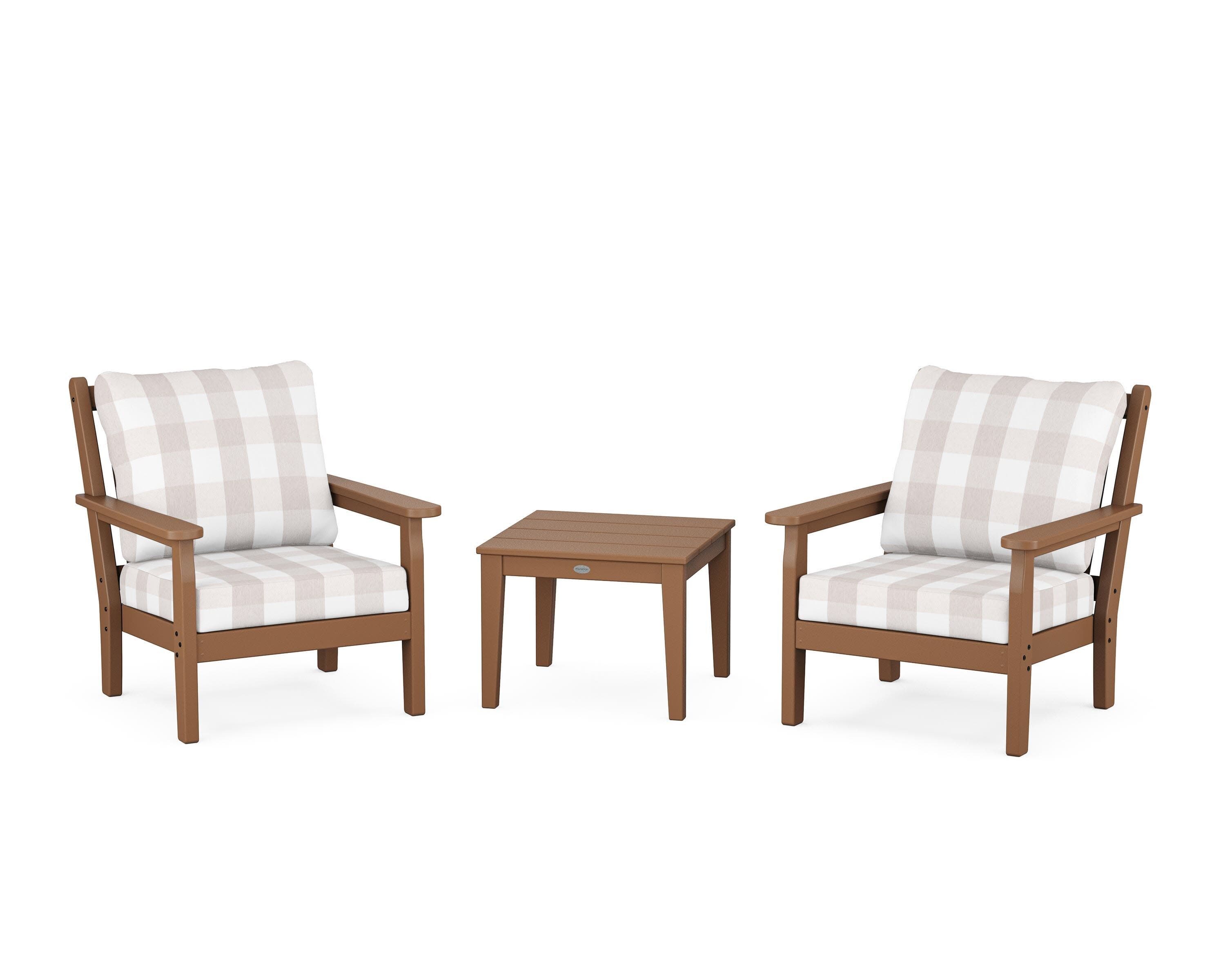 Chippendale 3-Piece Deep Seating Set in Teak / Buffalo Plaid Dune Burlap