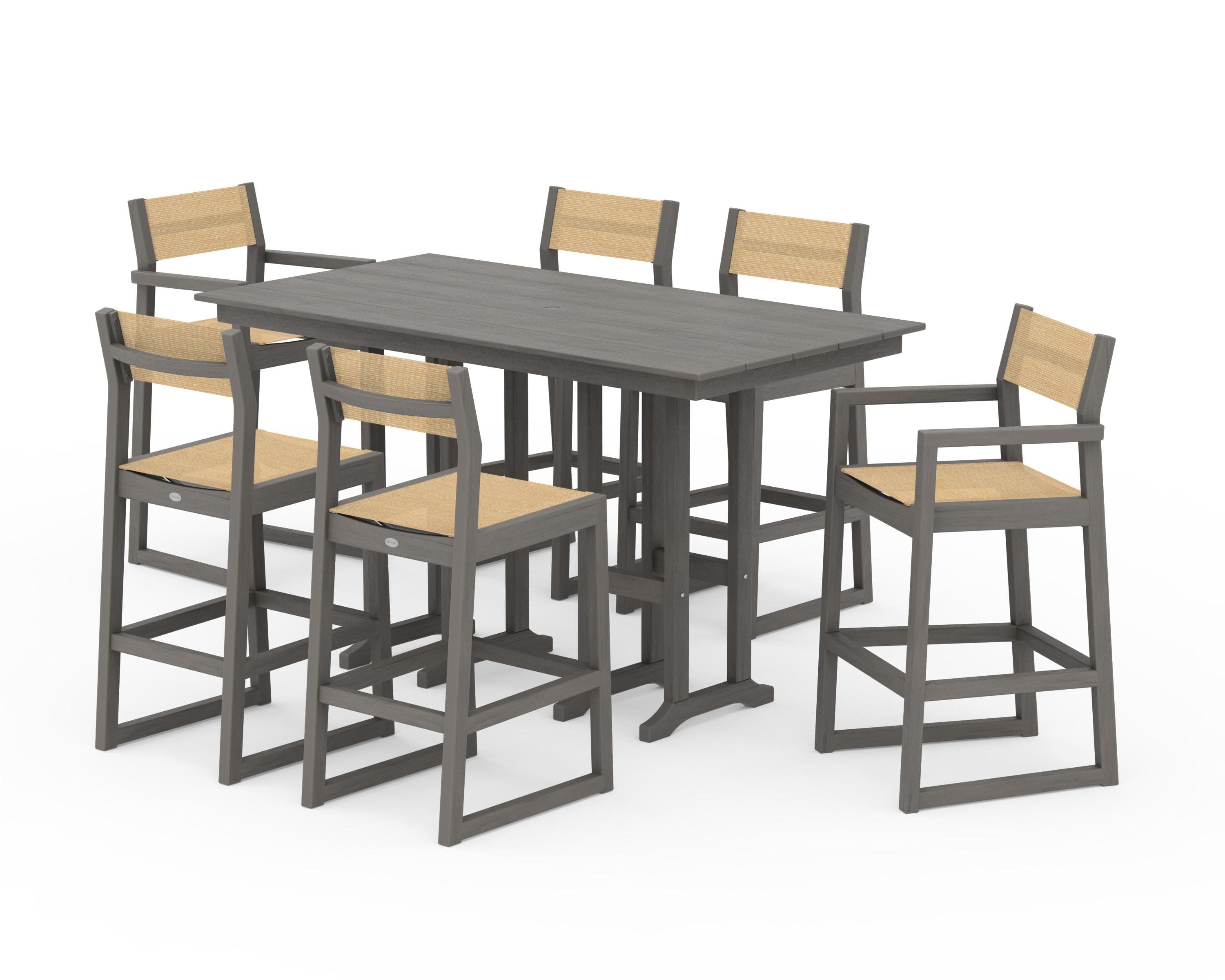 EDGE Sling 7-Piece Farmhouse Bar Set in Driftwood / Dupioni Apricot Sling