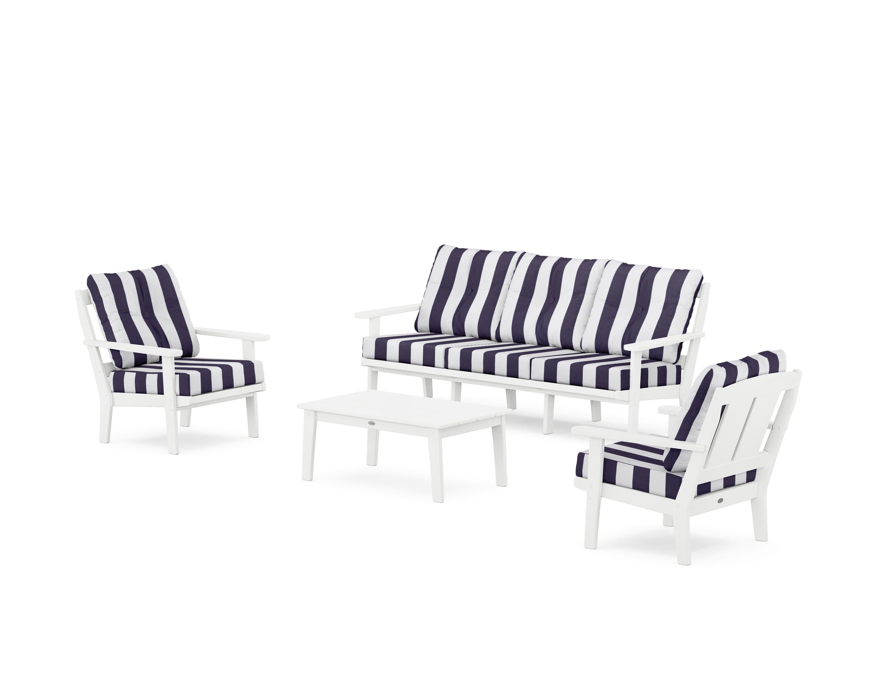Mission 4-Piece Deep Seating Set with Sofa in White / Cabana Stripe Navy