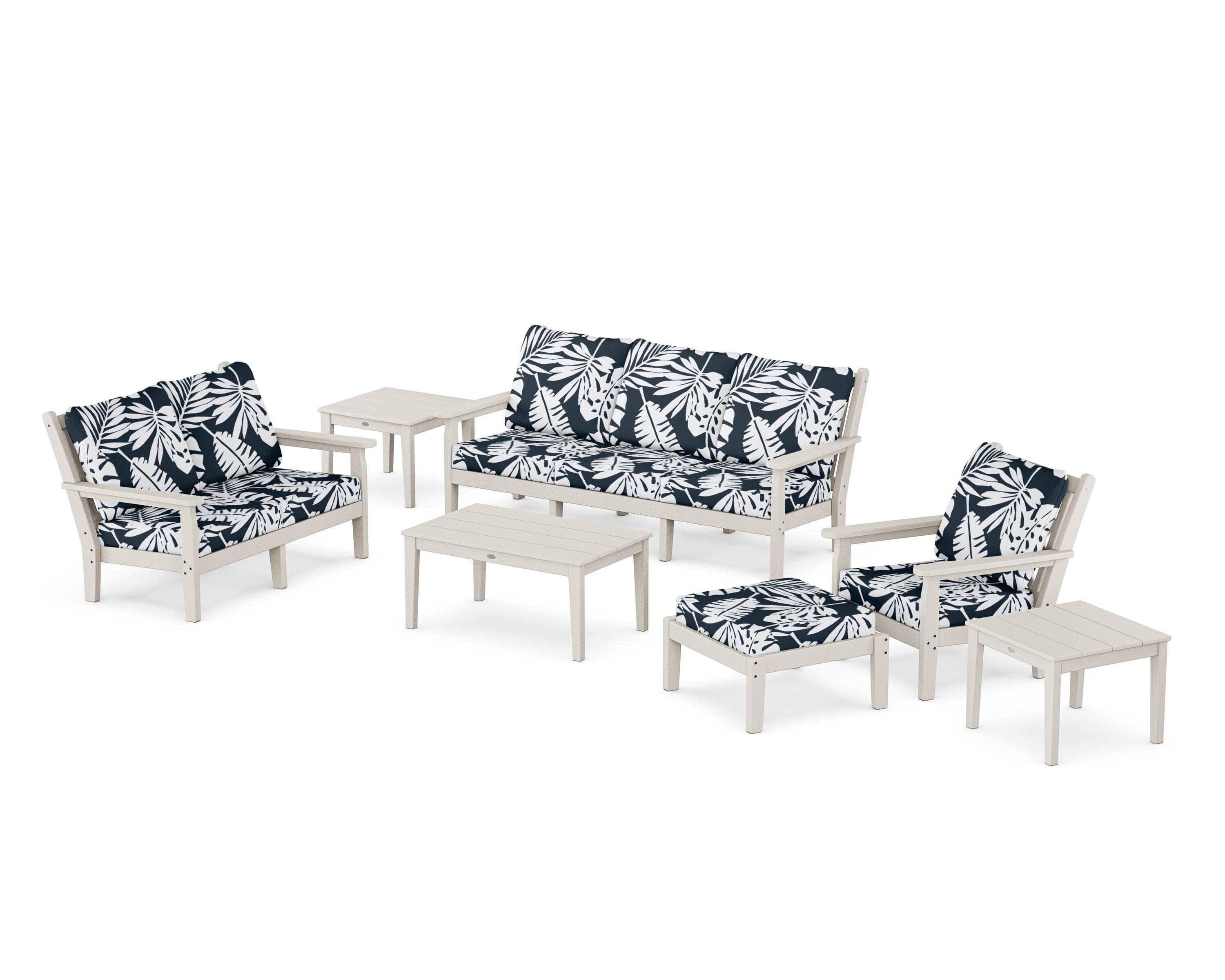 Chippendale 7-Piece Deep Seating Set in Sand / Leaf Marine Indigo