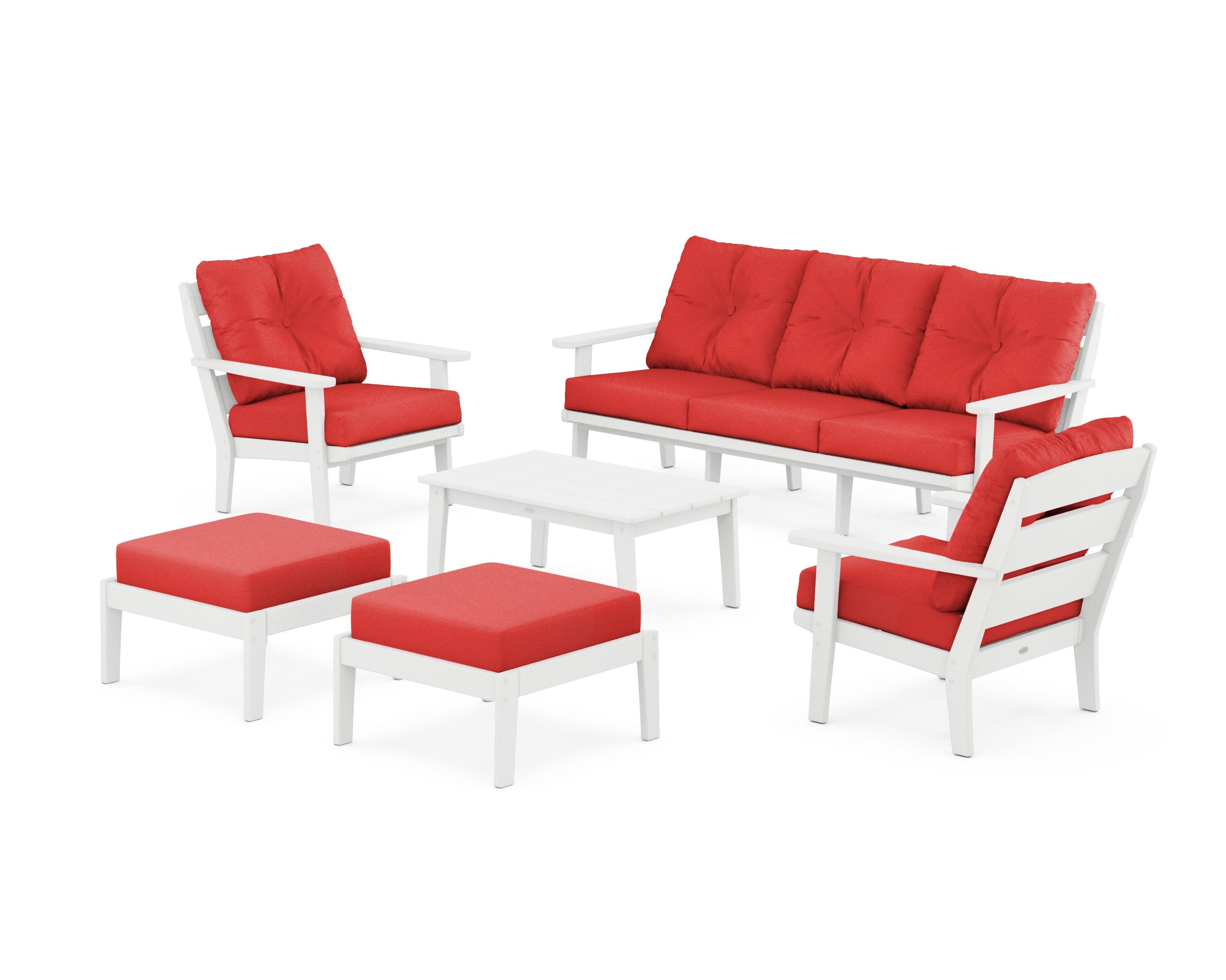 Lakeside 6-Piece Lounge Sofa Set in White / Crimson Linen