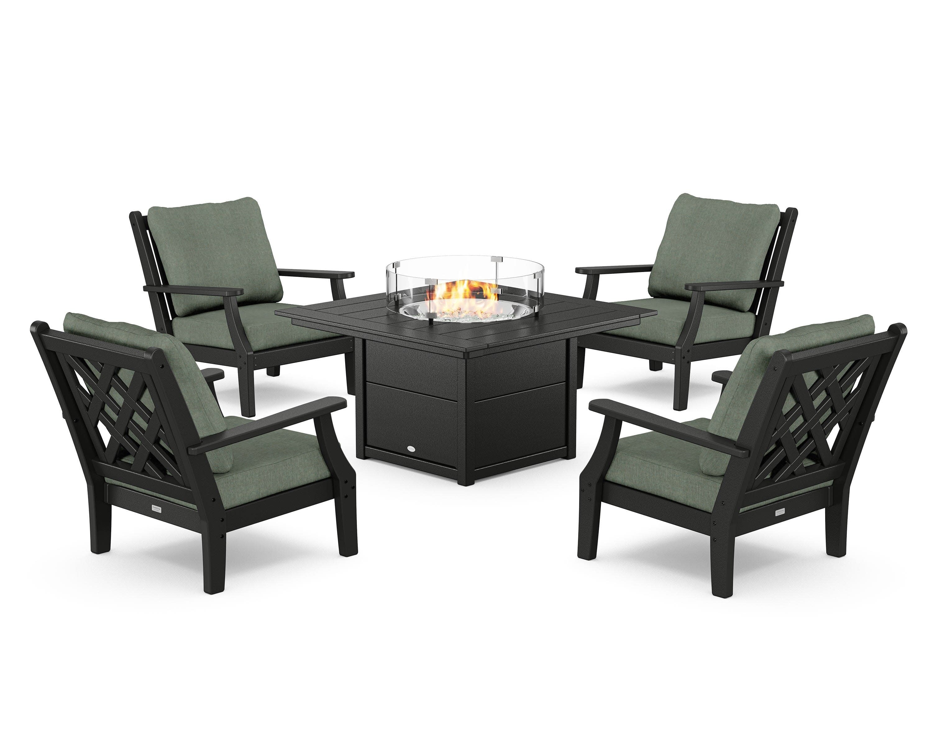 Wovendale 5-Piece Deep Seating Set with Fire Pit Table in Black / Cast Sage