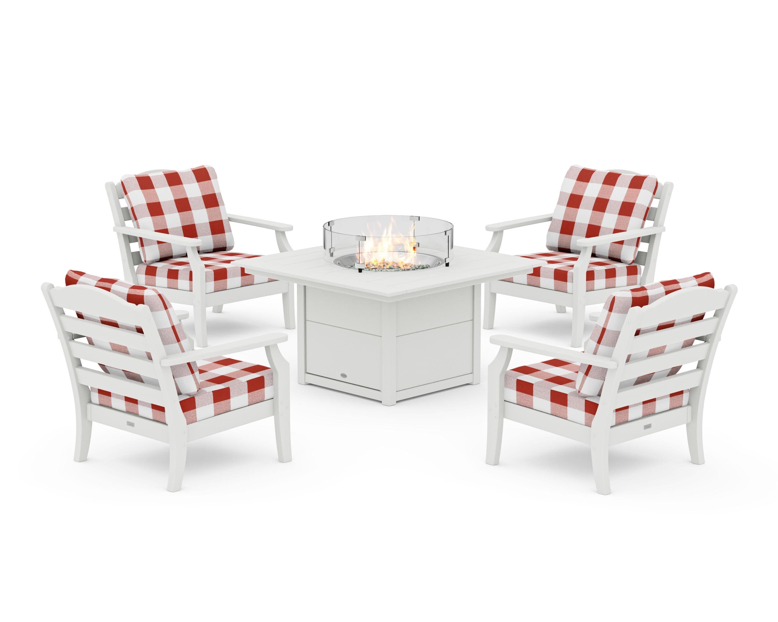 Savannah 5-Piece Deep Seating Set with Fire Pit Table in Vintage White / Buffalo Plaid Crimson