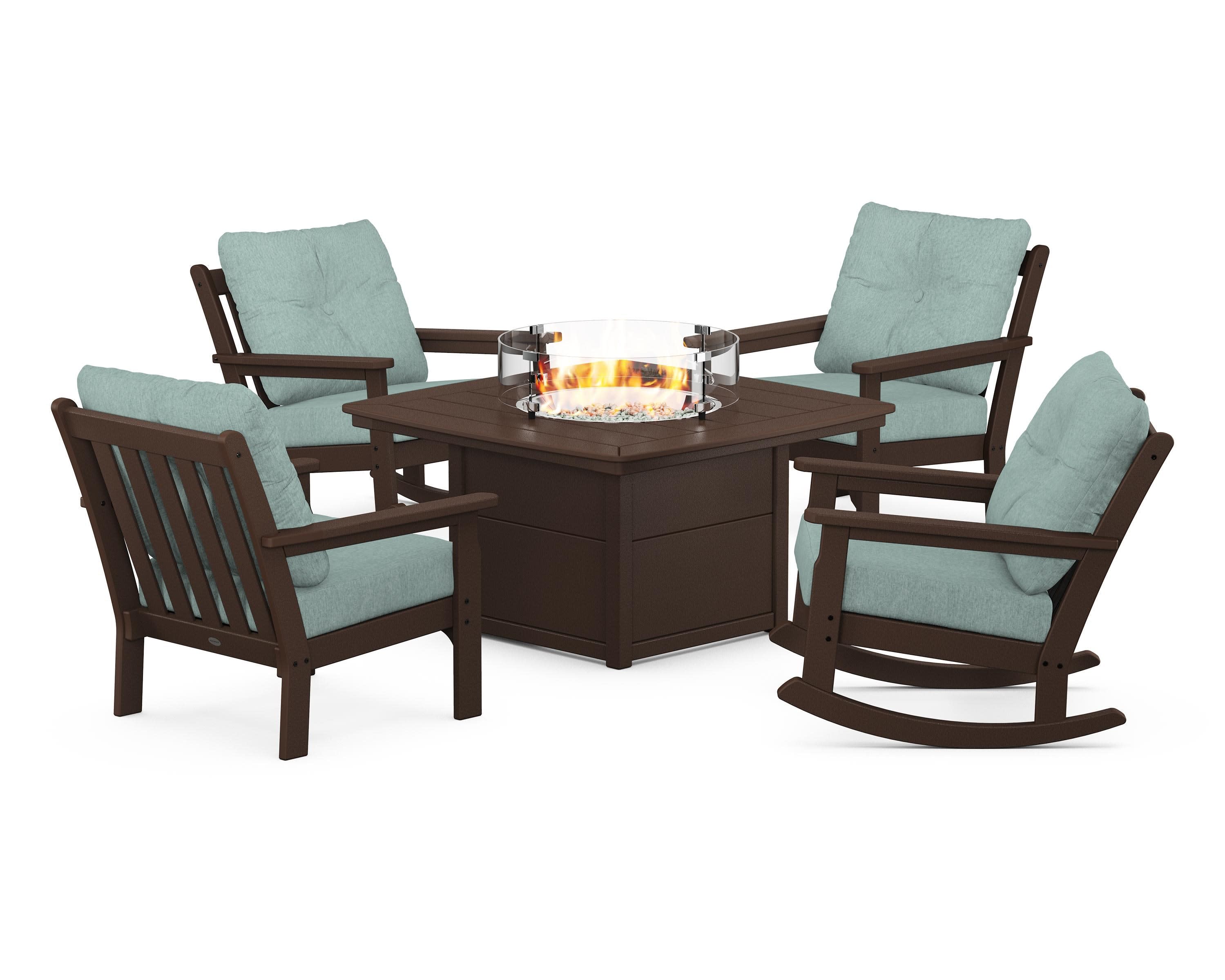 Vineyard 5-Piece Deep Seating Rocking Chair Conversation Set with Fire Pit Table in Mahogany / Glacier Spa