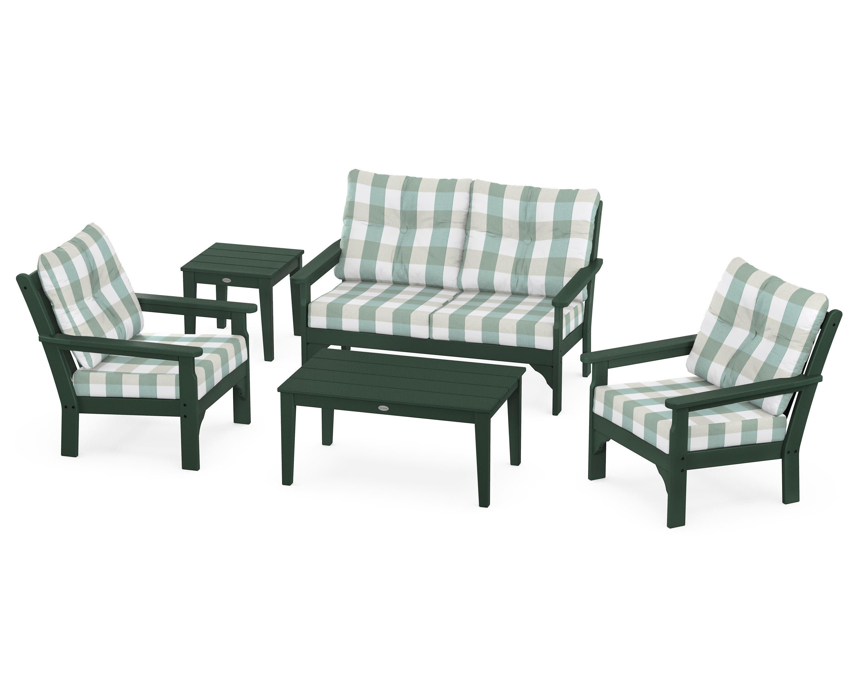 Vineyard 5-Piece Deep Seating Set in Green / Buffalo Plaid Glacier Spa