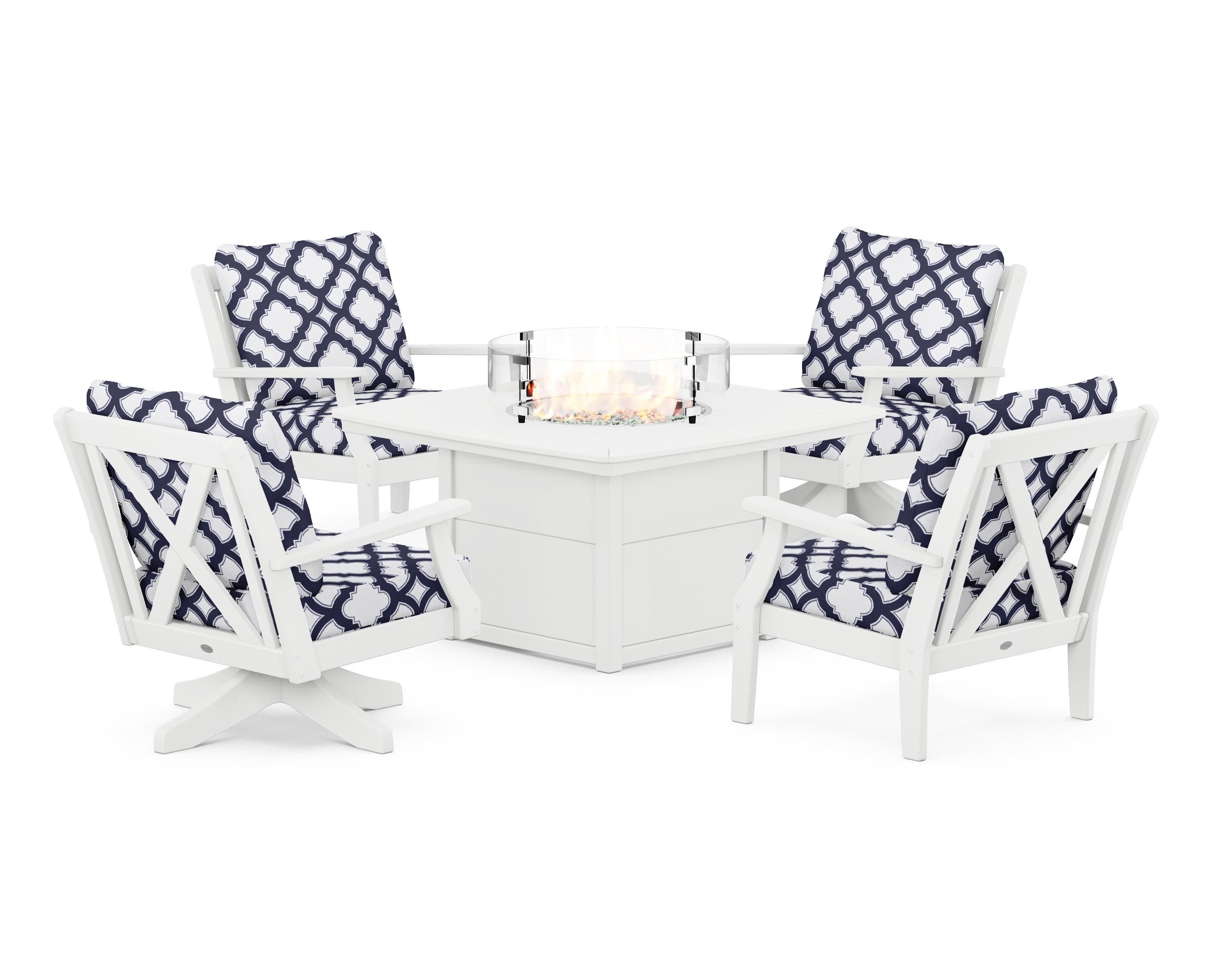 Braxton 5-Piece Deep Seating Set with Fire Table in White / Trellis Navy