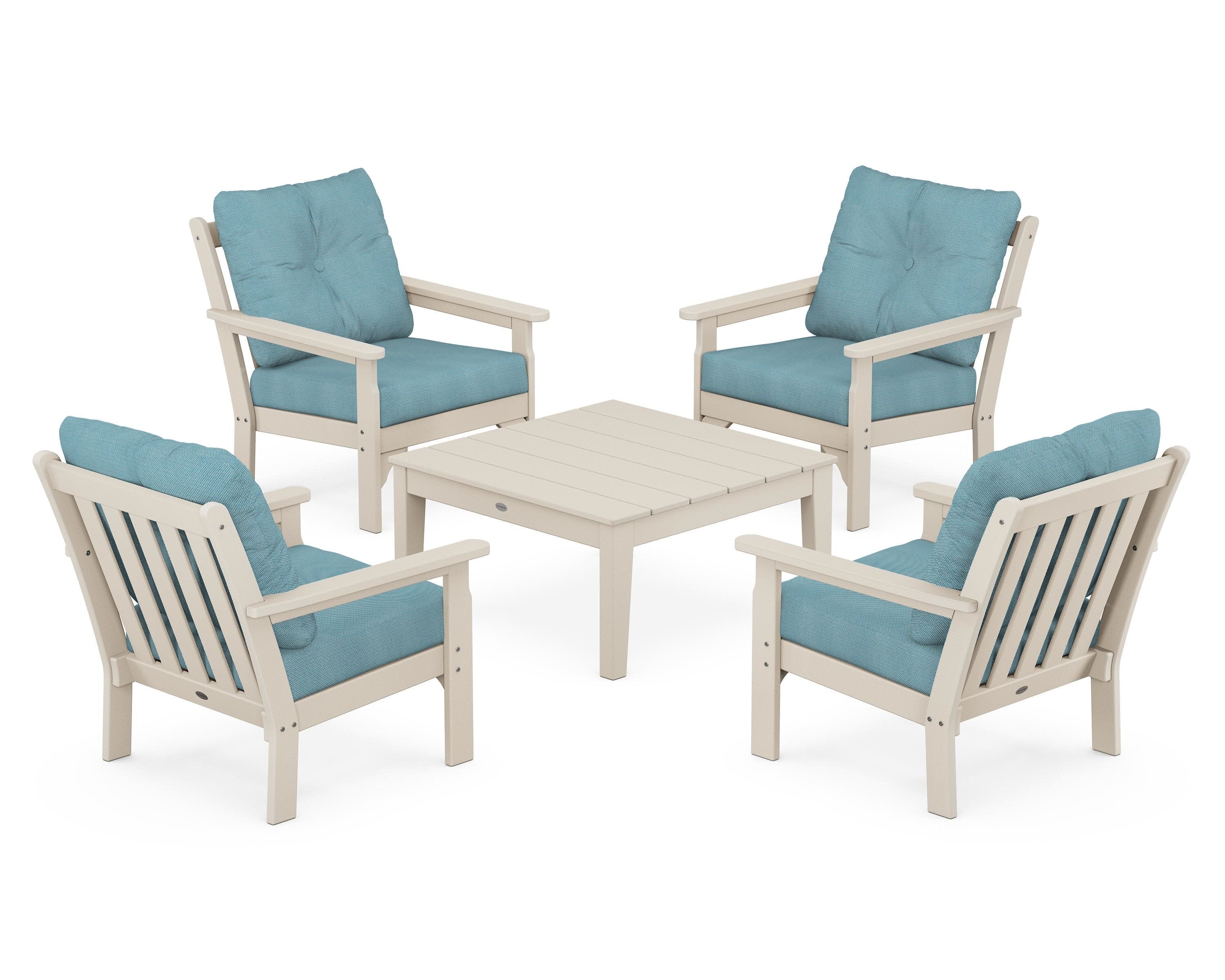 Vineyard 5-Piece Deep Seating Conversation Set in Sand / Lattice Sky Blue