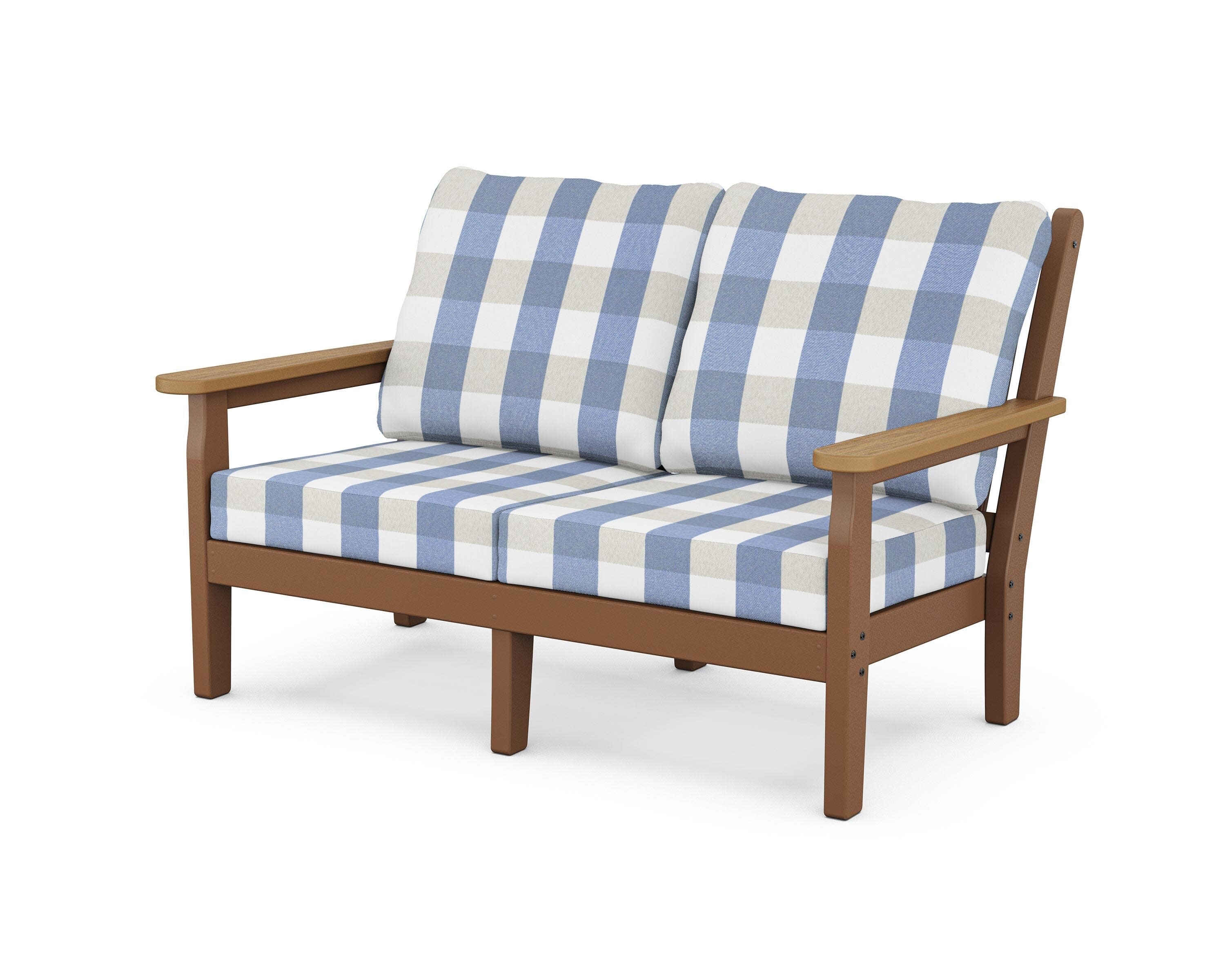 Chippendale Deep Seating Loveseat in Teak / Natural / Buffalo Plaid Sky Blue