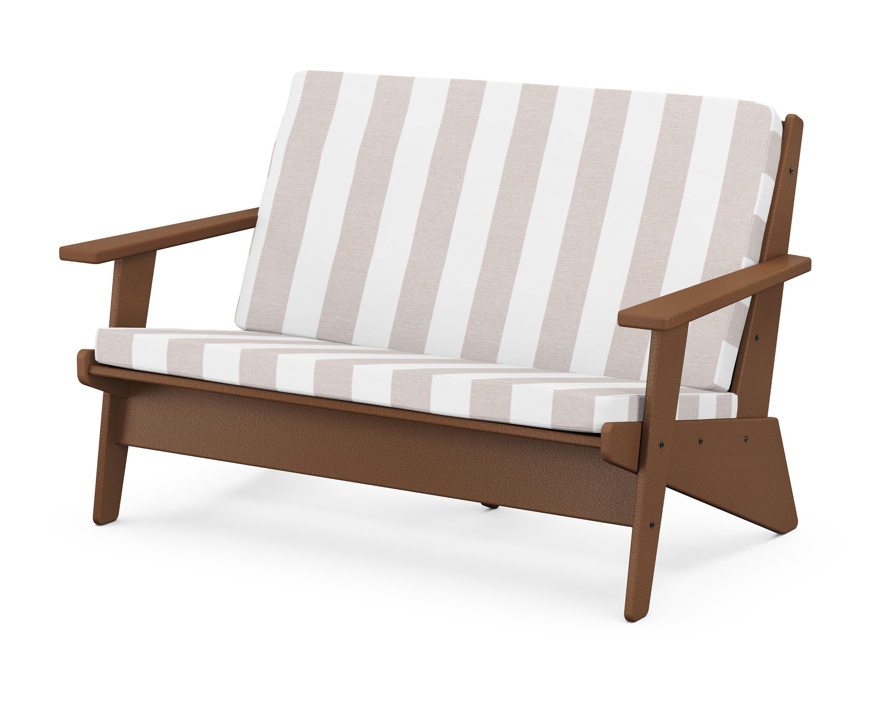 Riviera Modern Lounge Loveseat in Teak / Cabana Stripe Dune Burlap
