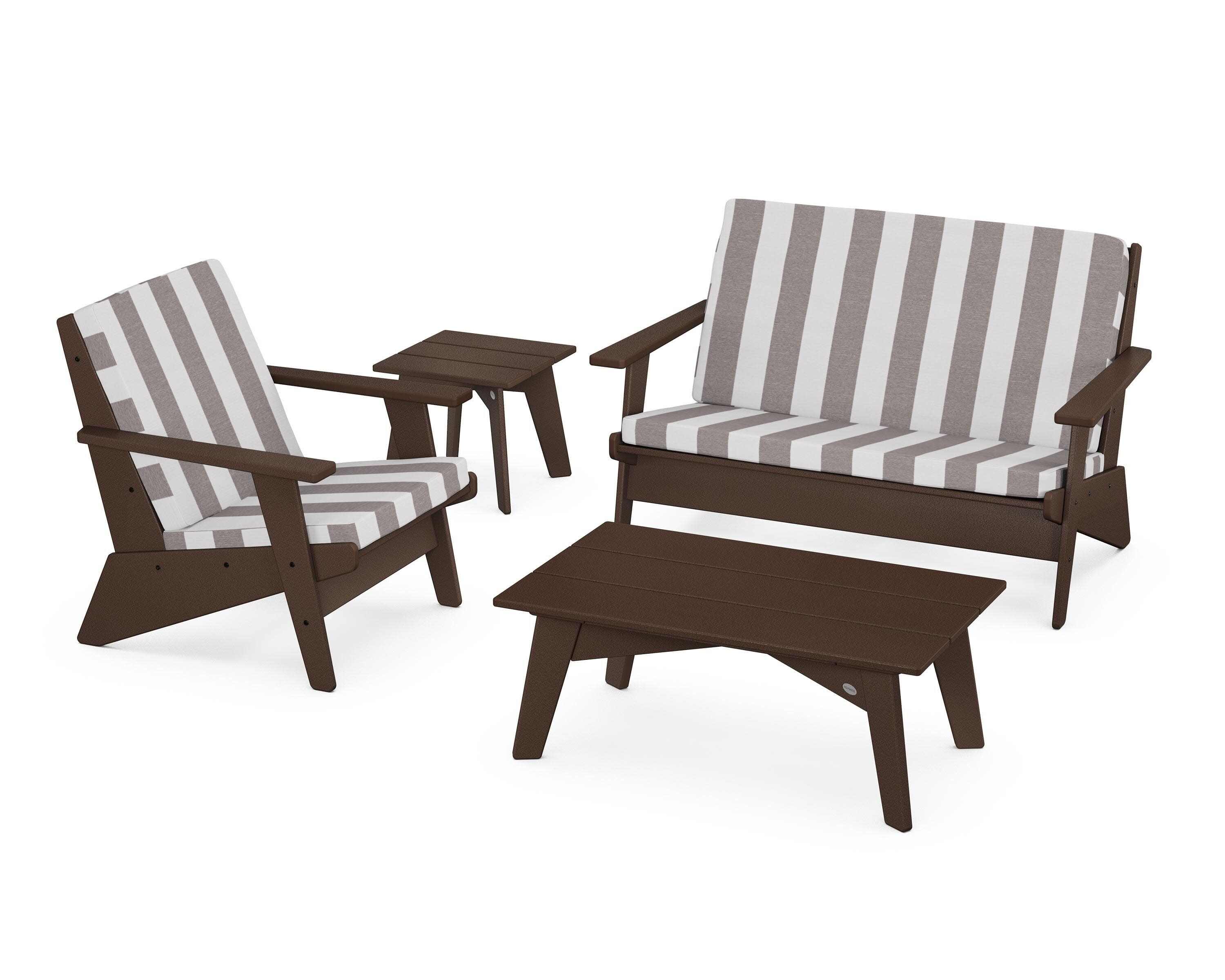 Riviera Modern Lounge 4-Piece Set in Mahogany / Cabana Stripe Grey Mist