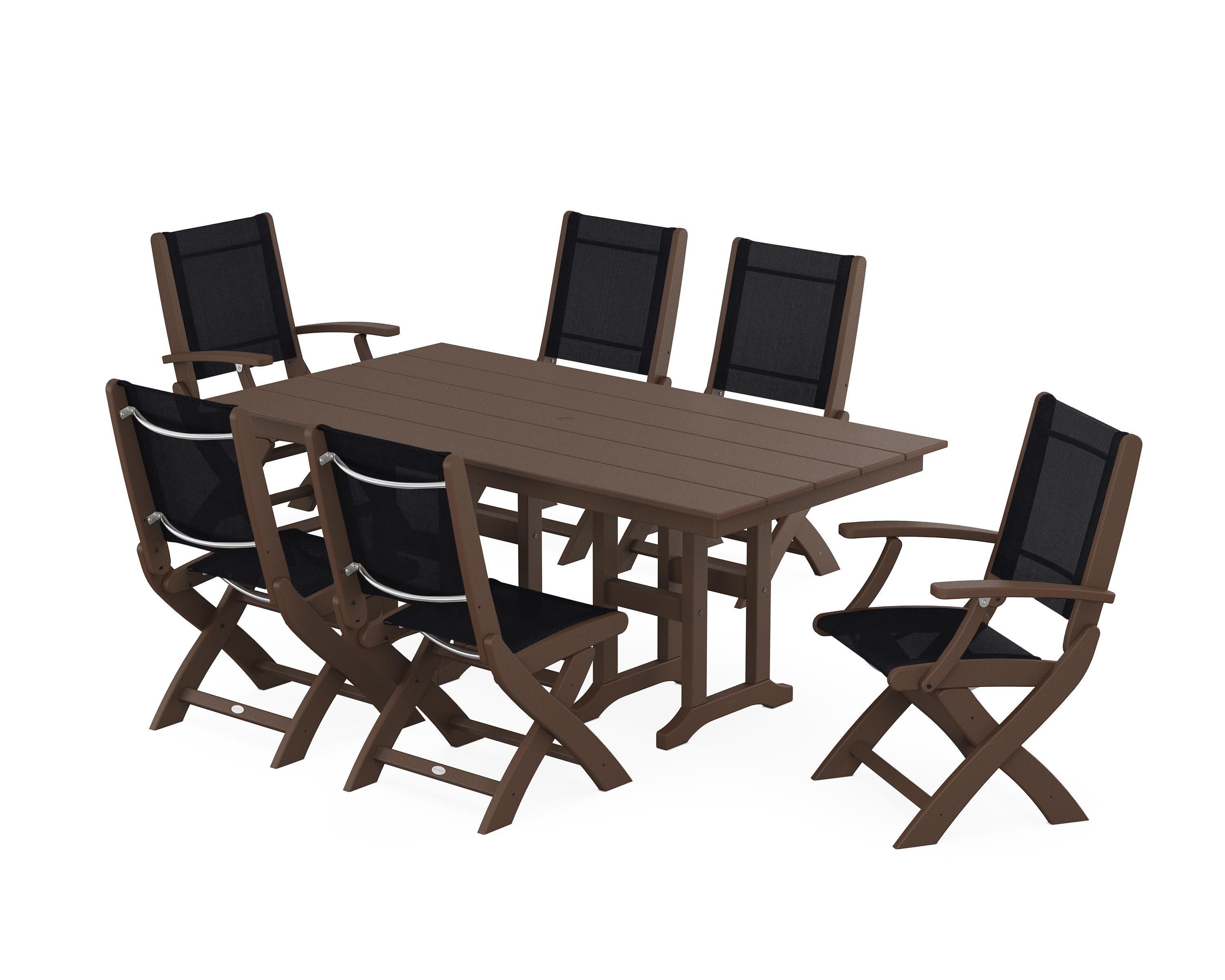 Coastal Folding Chair 7-Piece Farmhouse Dining Set in Mahogany / Black Sling