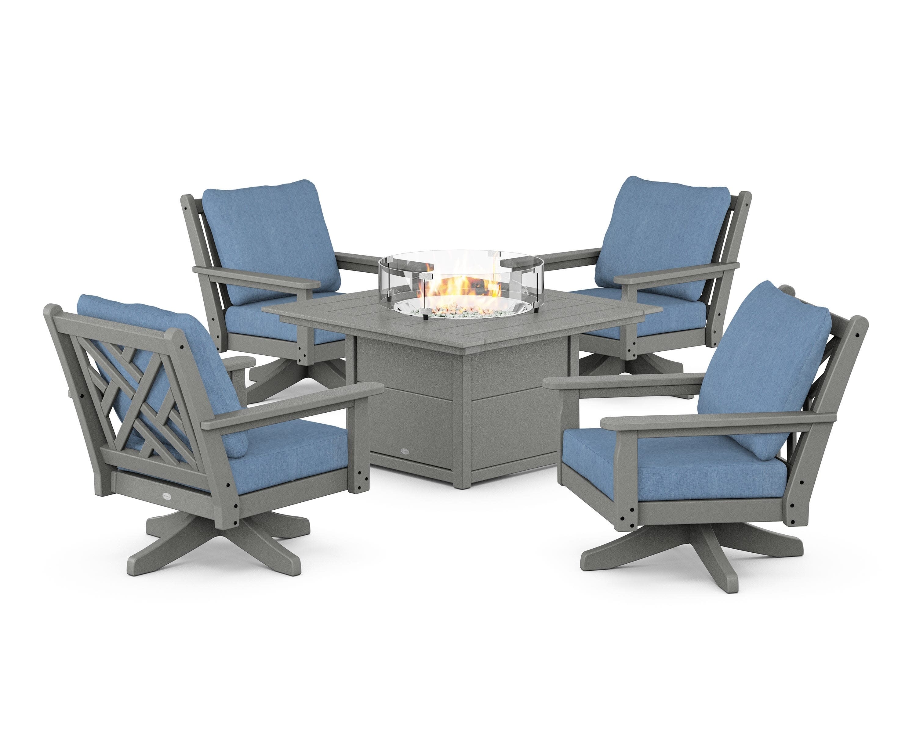 Chippendale 5-Piece Deep Seating Swivel Conversation Set with Fire Pit Table in Slate Grey / Sky Blue