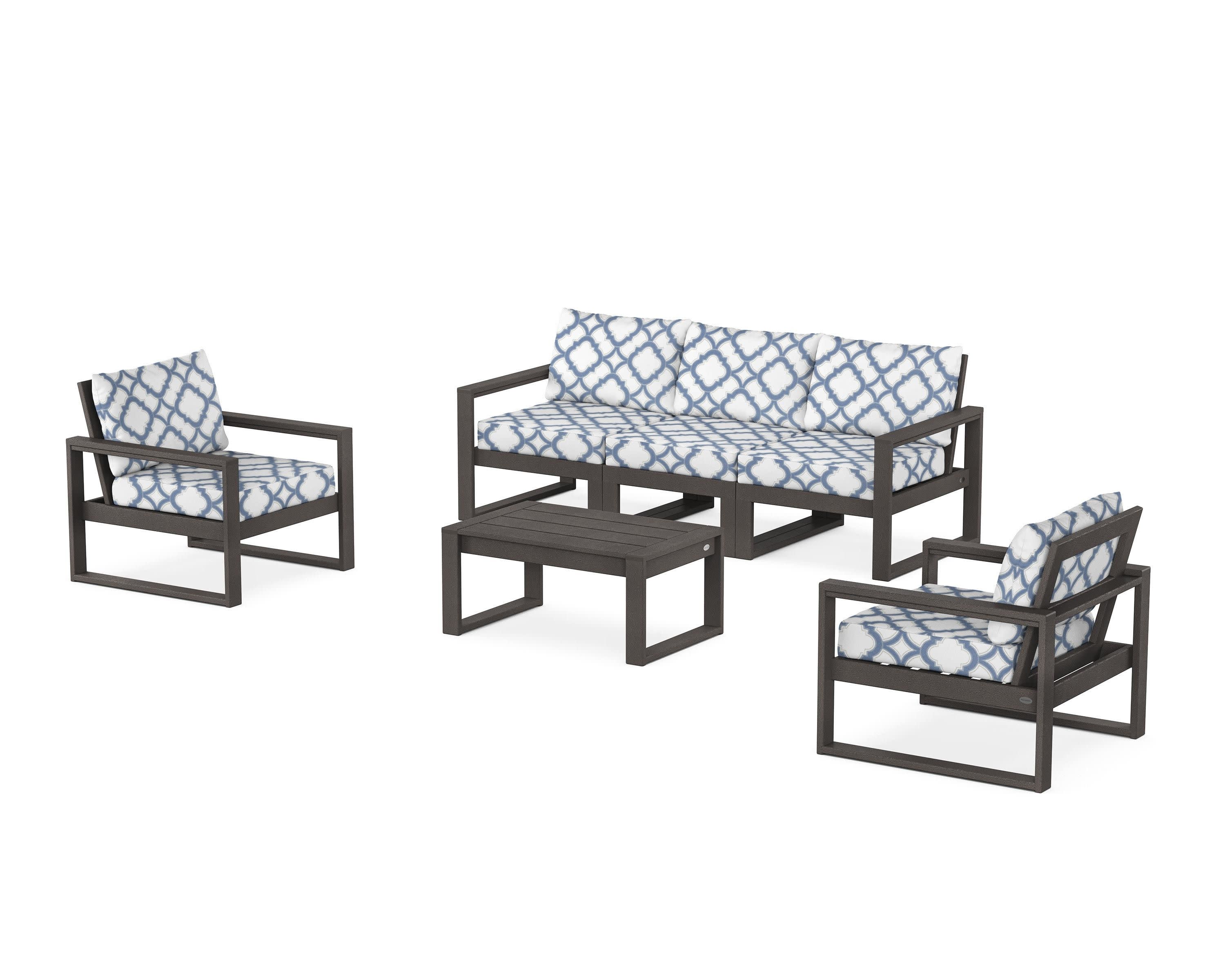 EDGE Sectional 4-Piece Deep Seating Set with Sofa in Vintage Coffee / Trellis Sky Blue