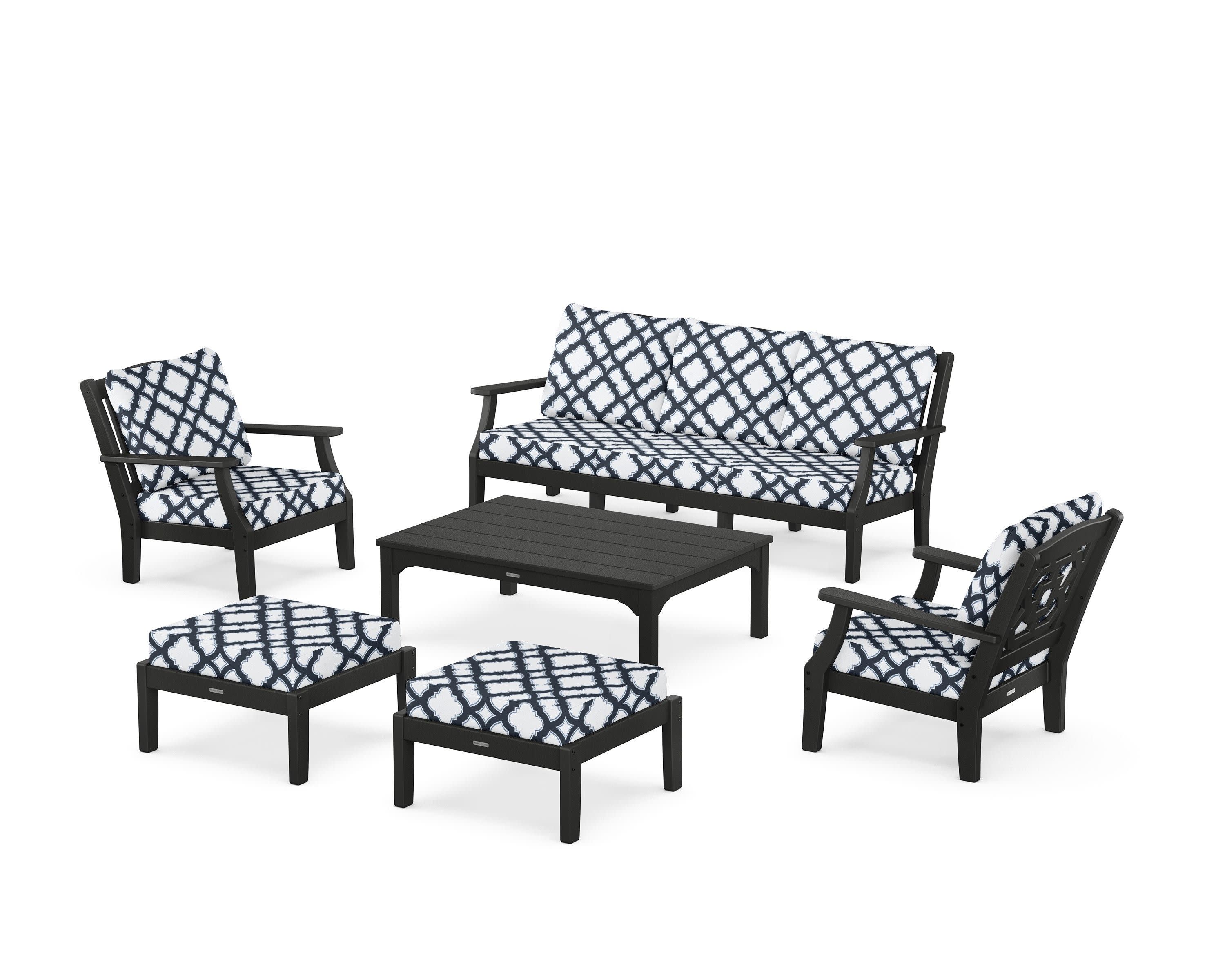 Chinoiserie 6-Piece Lounge Sofa Set in Black / Trellis Marine Indigo