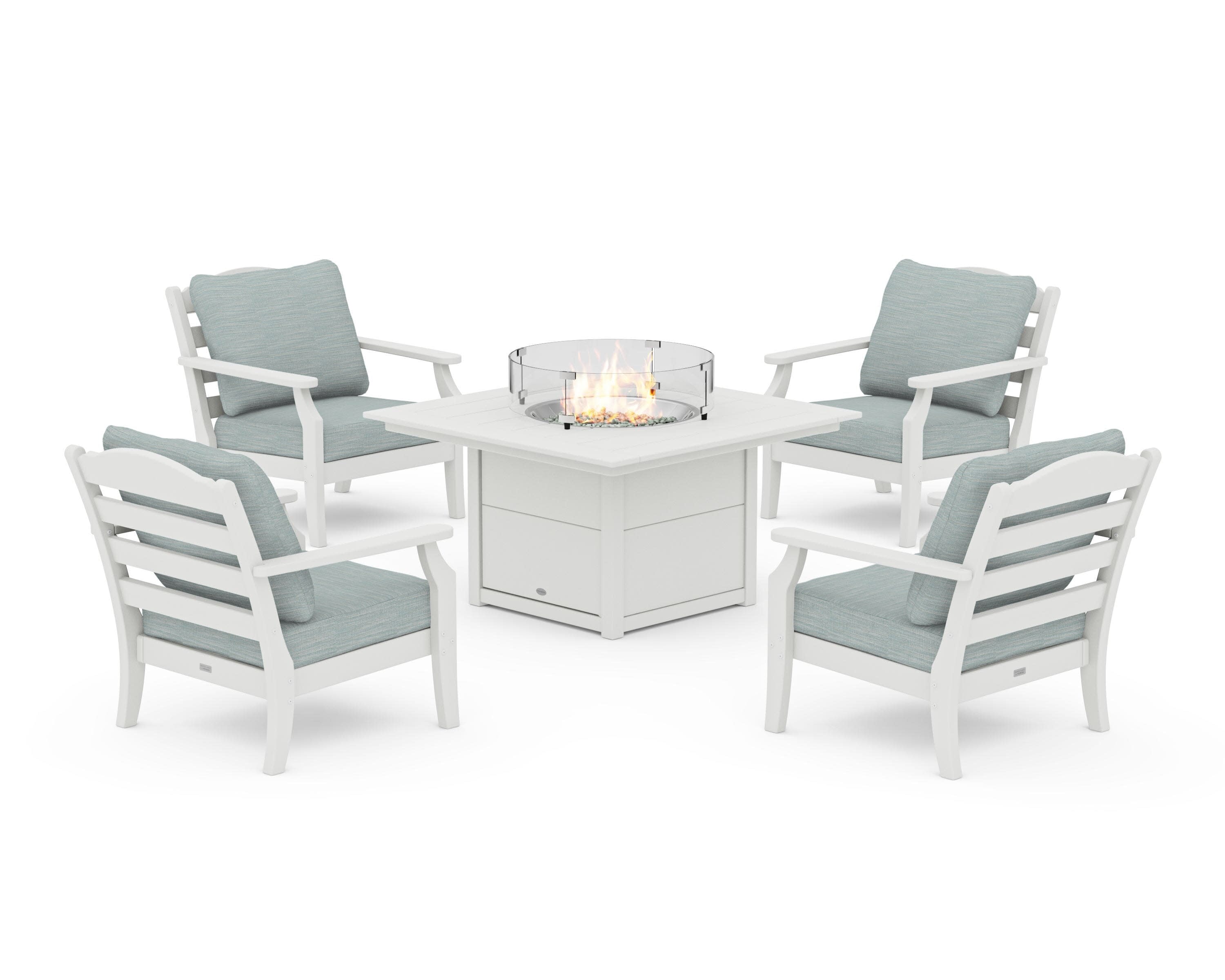 Savannah 5-Piece Deep Seating Set with Fire Pit Table in Vintage White / Soothe Mist