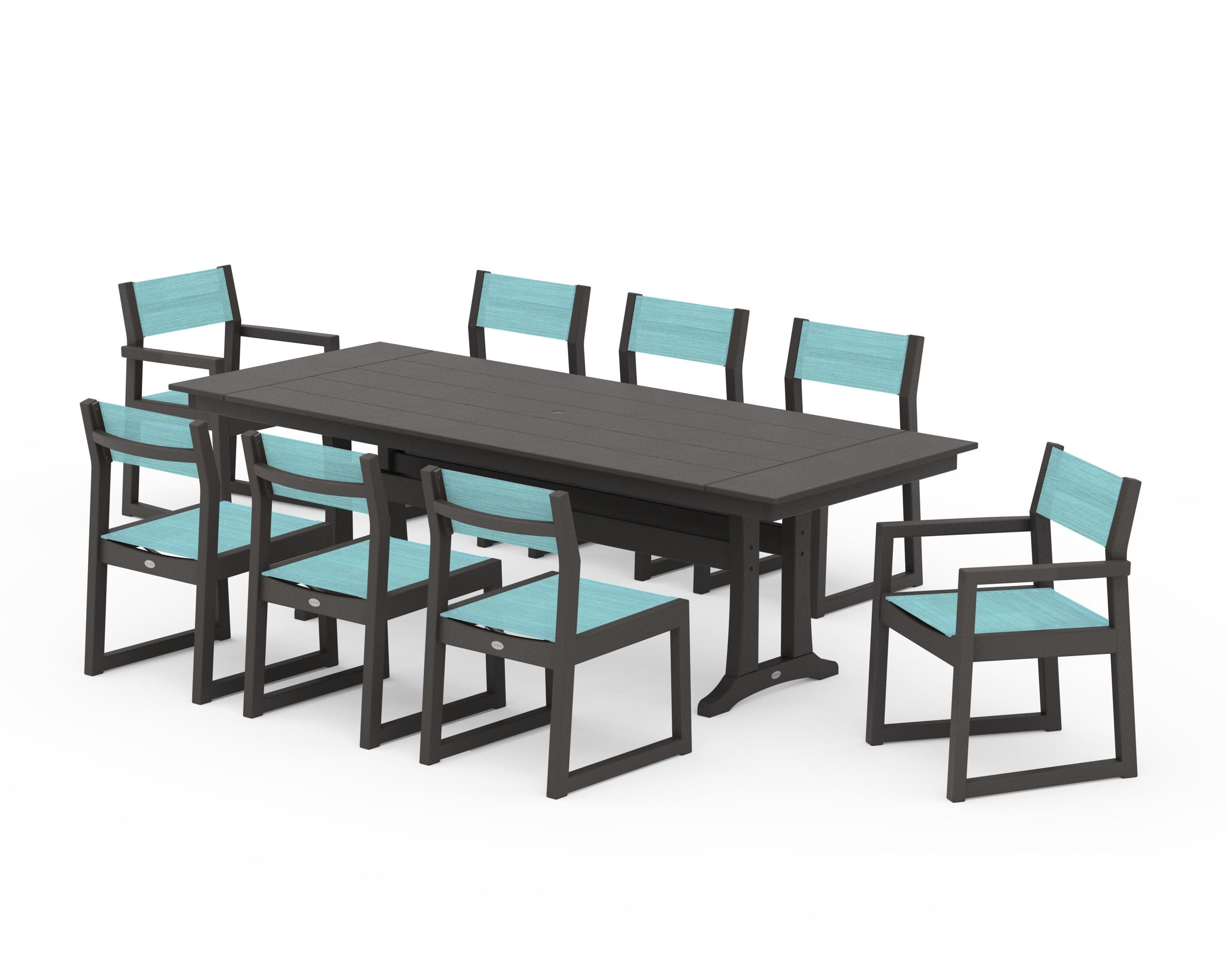 EDGE Sling 9-Piece Farmhouse Trestle Dining Set in Vintage Coffee / Dupioni Aquamarine Sling