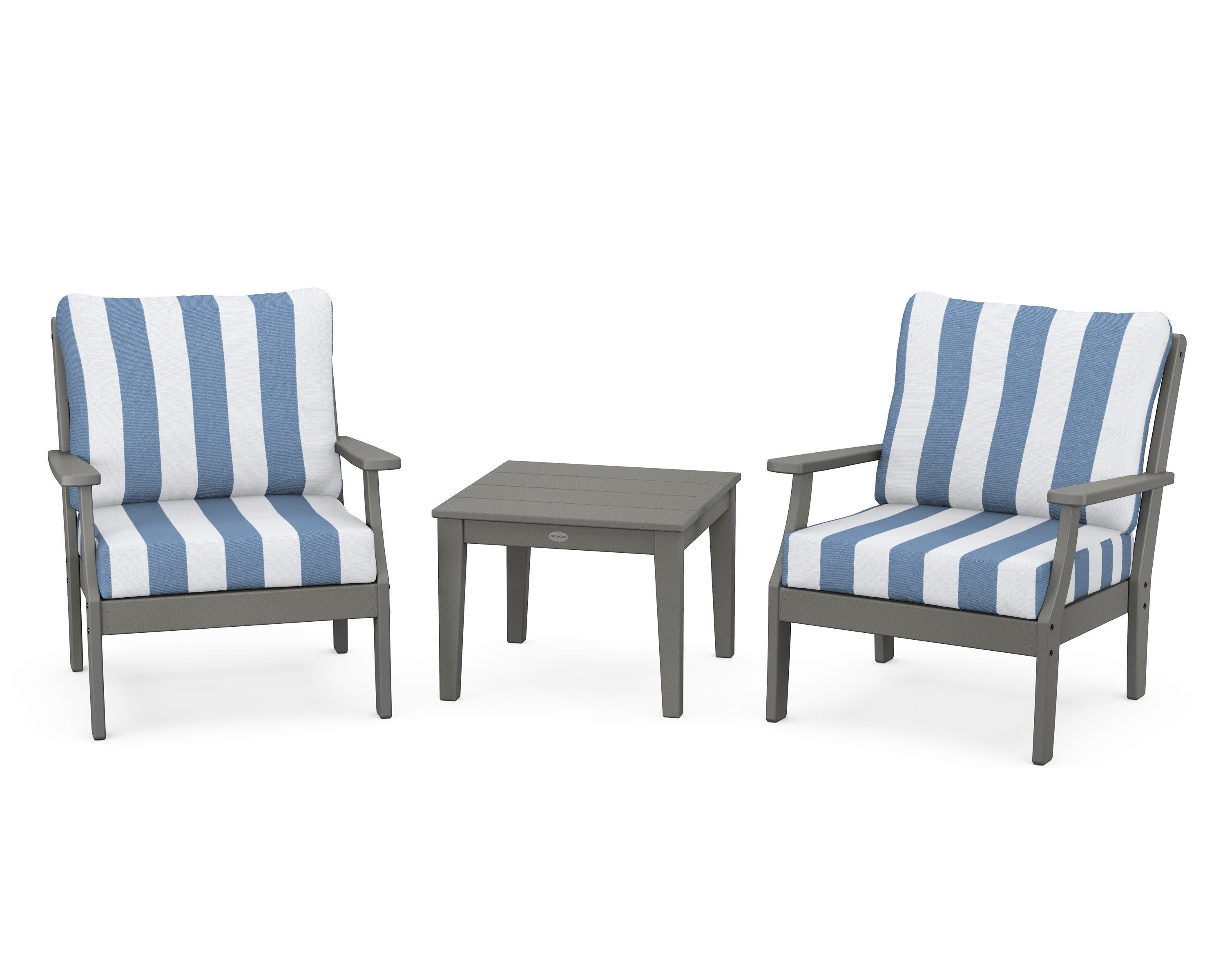 Braxton 3-Piece Deep Seating Set in Slate Grey / Cabana Stripe Sky Blue