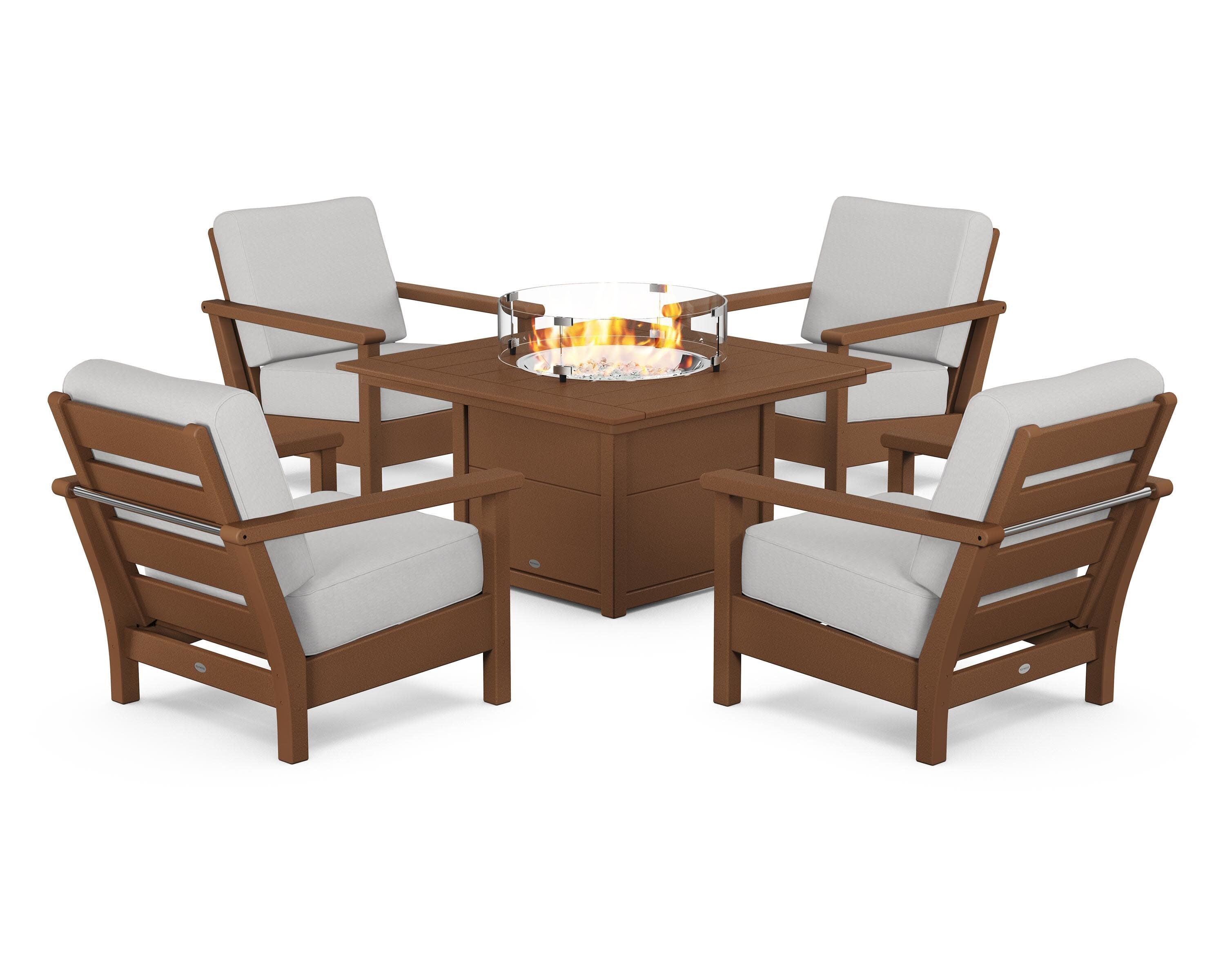 Harbour 5-Piece Conversation Set with Fire Pit Table in Teak / Diamond in the Rough