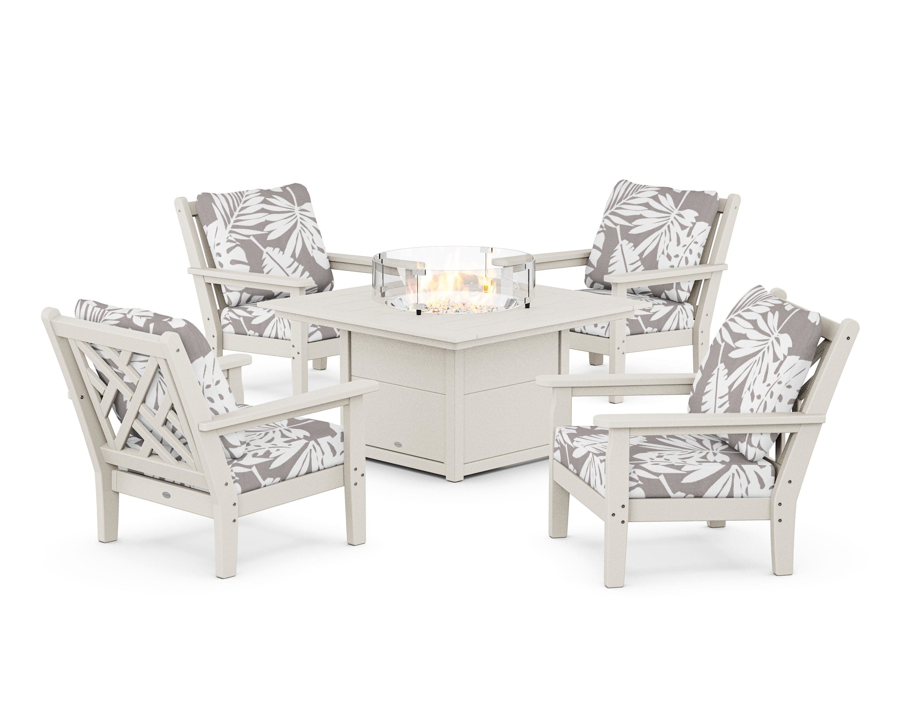 Chippendale 5-Piece Deep Seating Set with Fire Pit Table in Sand / Leaf Grey Mist