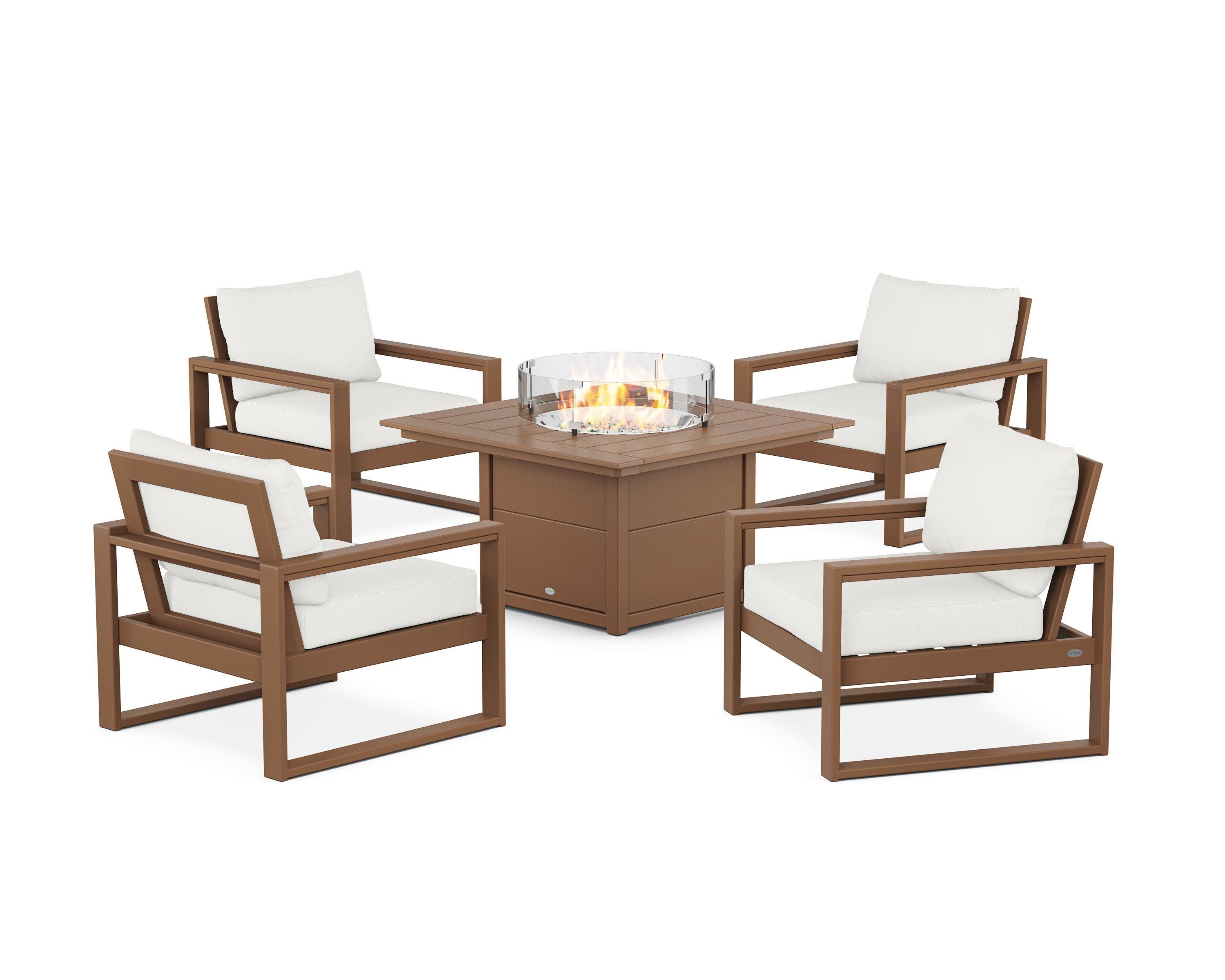 EDGE Sectional 5-Piece Deep Seating Set with Fire Pit Table in Teak / Natural Linen