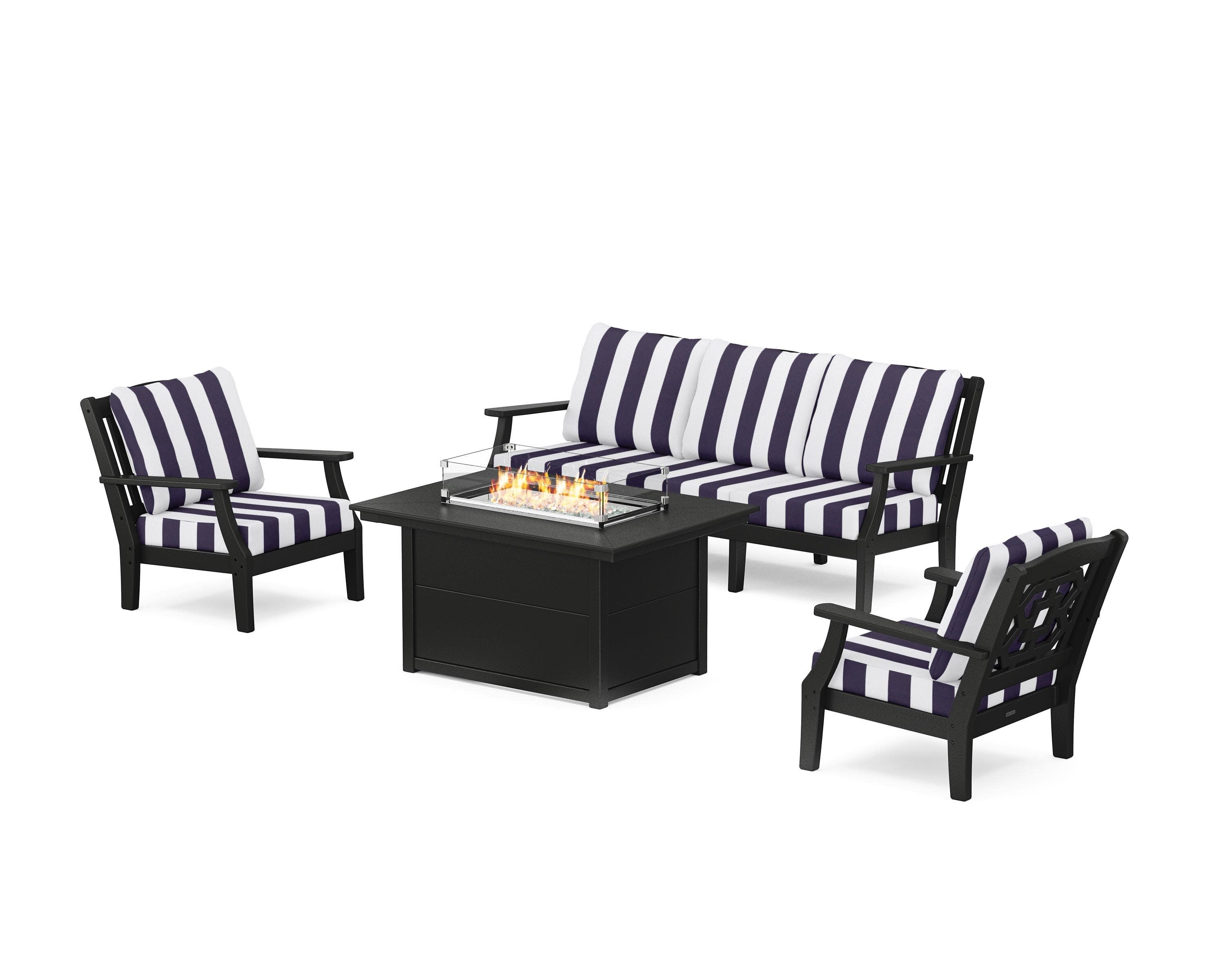 Chinoiserie Deep Seating Fire Pit Table Set in Black / Cabana Stripe Navy
