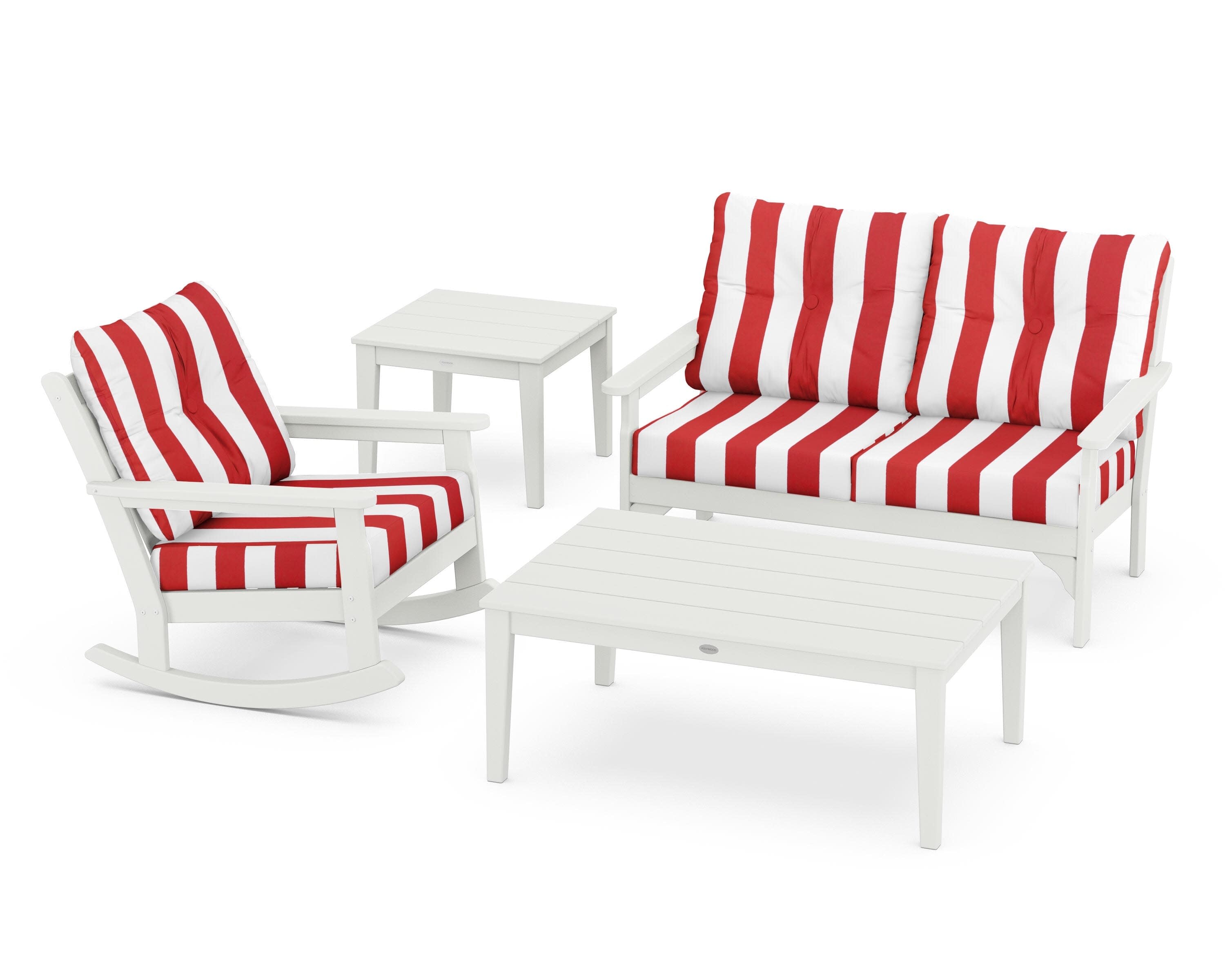 Vineyard 4-Piece Deep Seating Rocker Set in Vintage White / Cabana Stripe Crimson