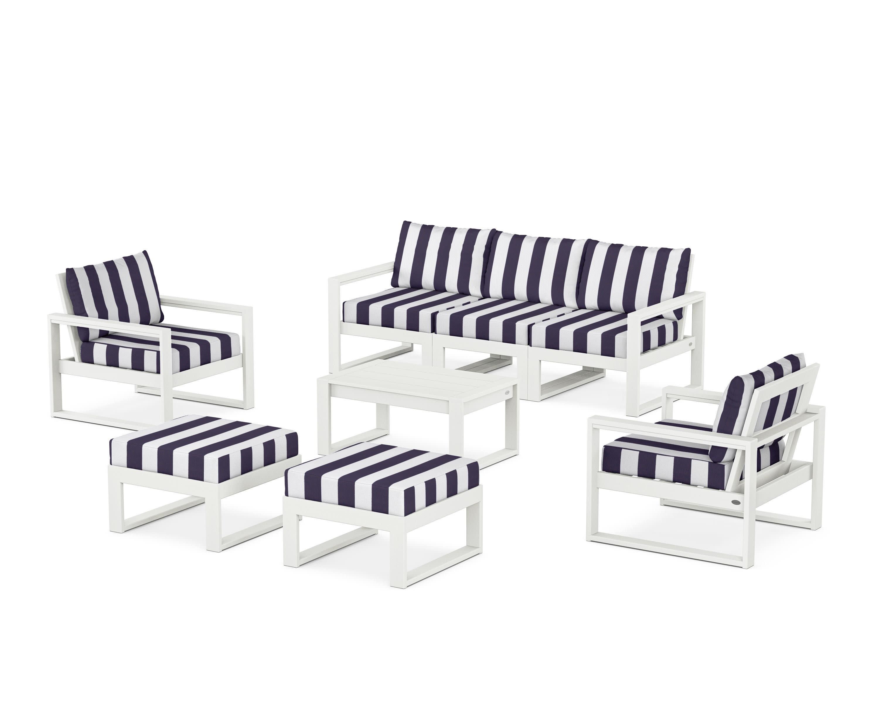 EDGE Sectional 8-Piece Lounge Sofa Set in Vintage White / Cabana Stripe Navy