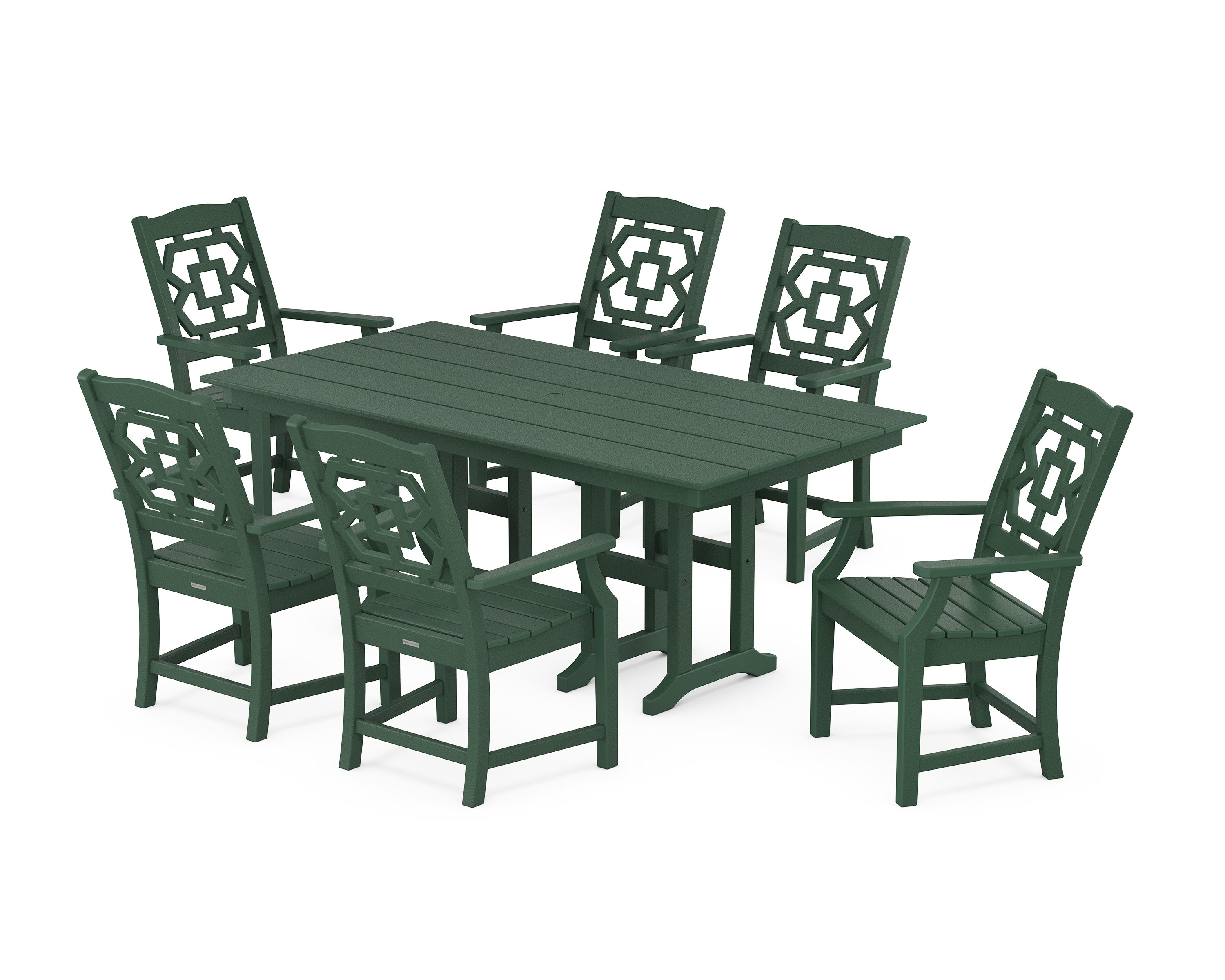 Chinoiserie Arm Chair 7-Piece Farmhouse Dining Set in Green