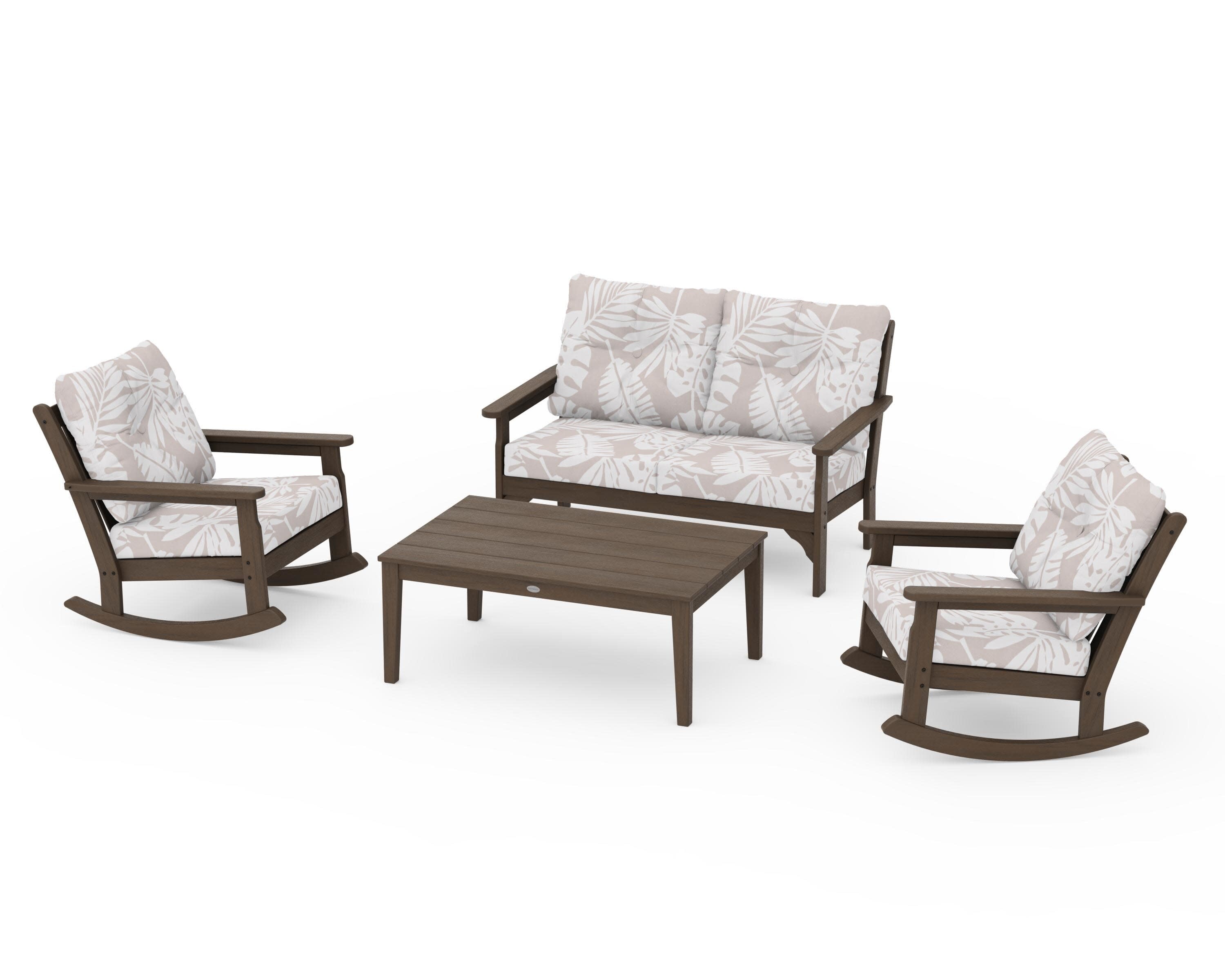 Vineyard 4-Piece Deep Seating Rocking Chair Set in Kona / Leaf Dune Burlap