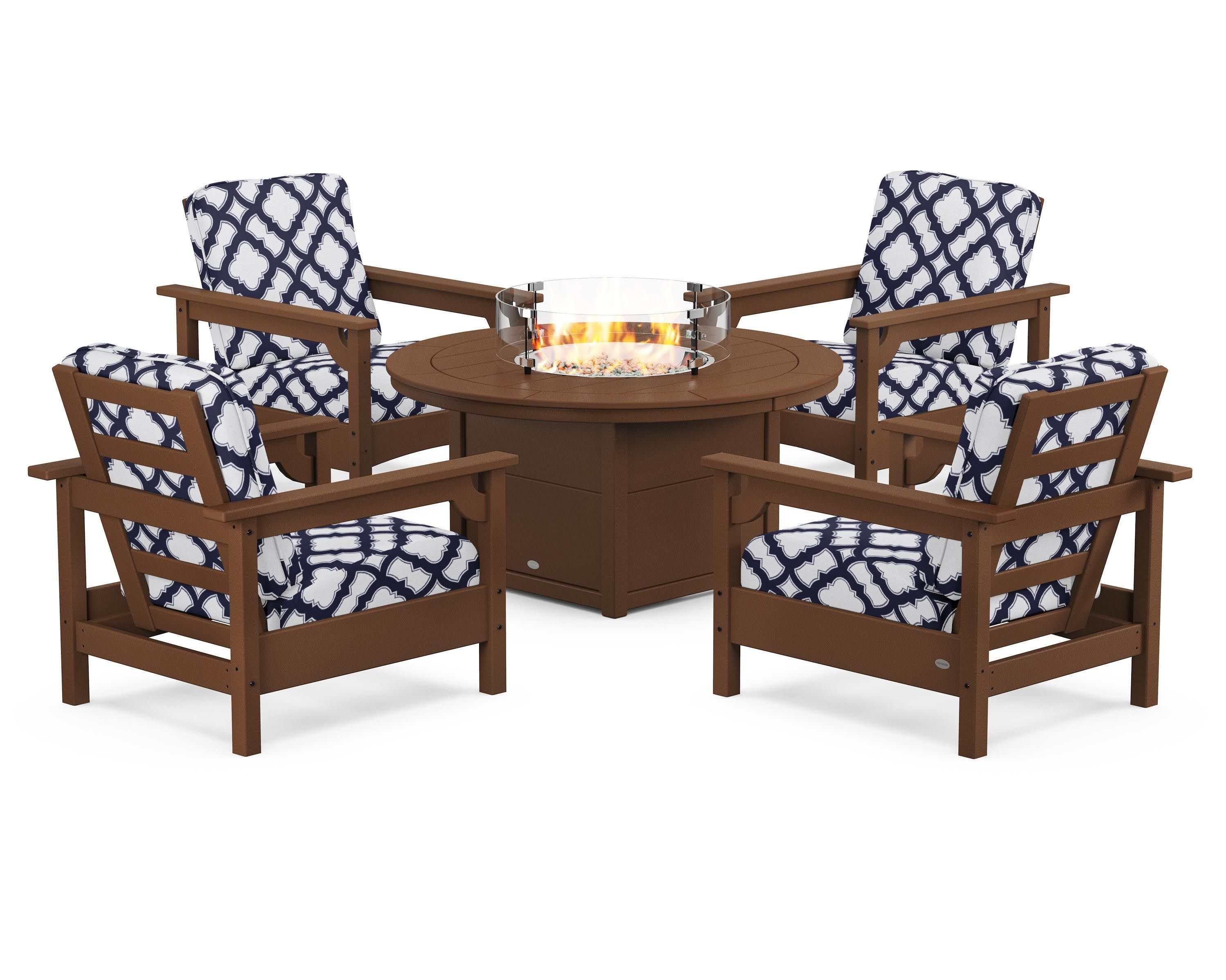 Club 5-Piece Conversation Set with Fire Pit Table in Teak / Trellis Navy