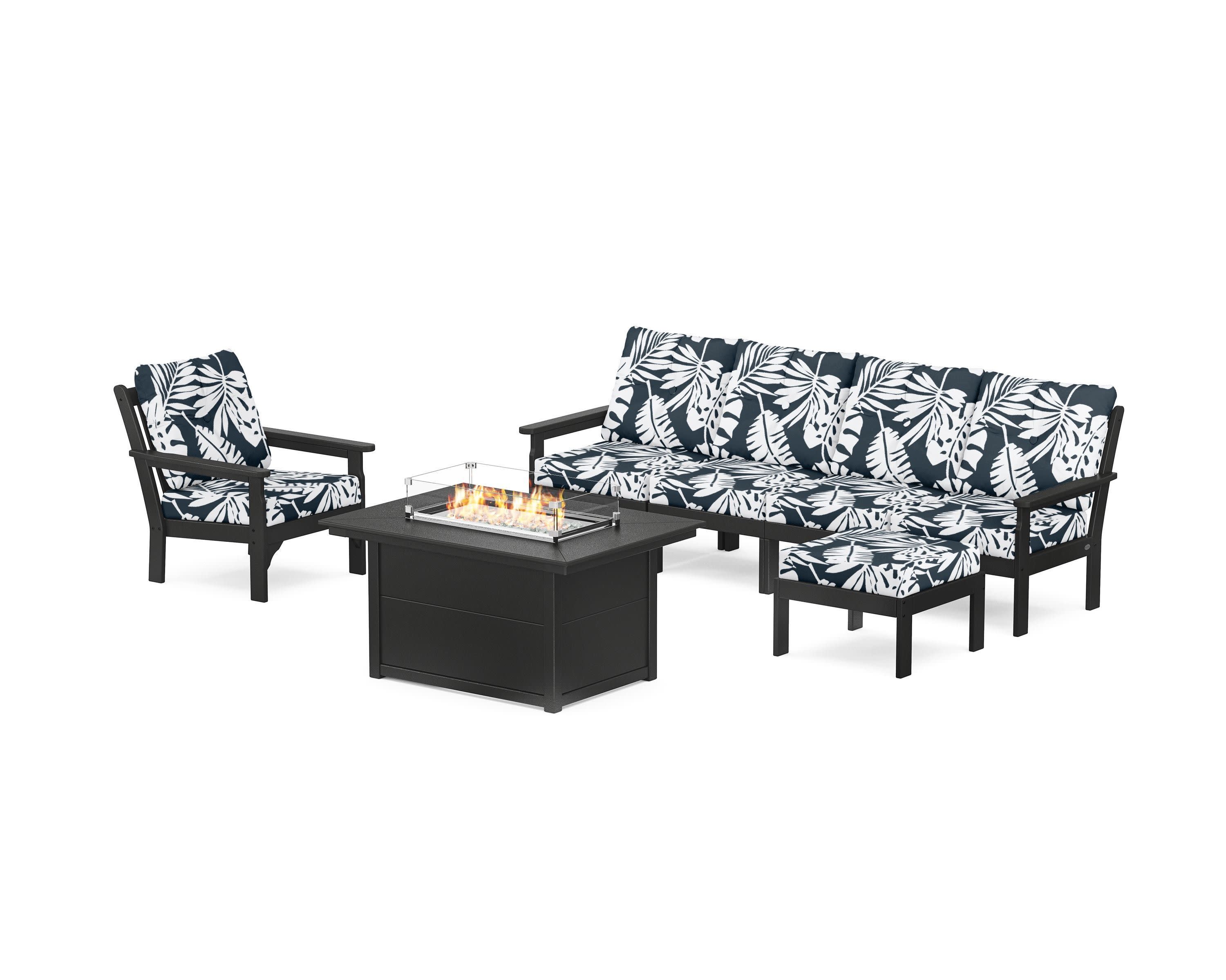 Vineyard Sectional Lounge and Fire Pit Set in Black / Leaf Marine Indigo