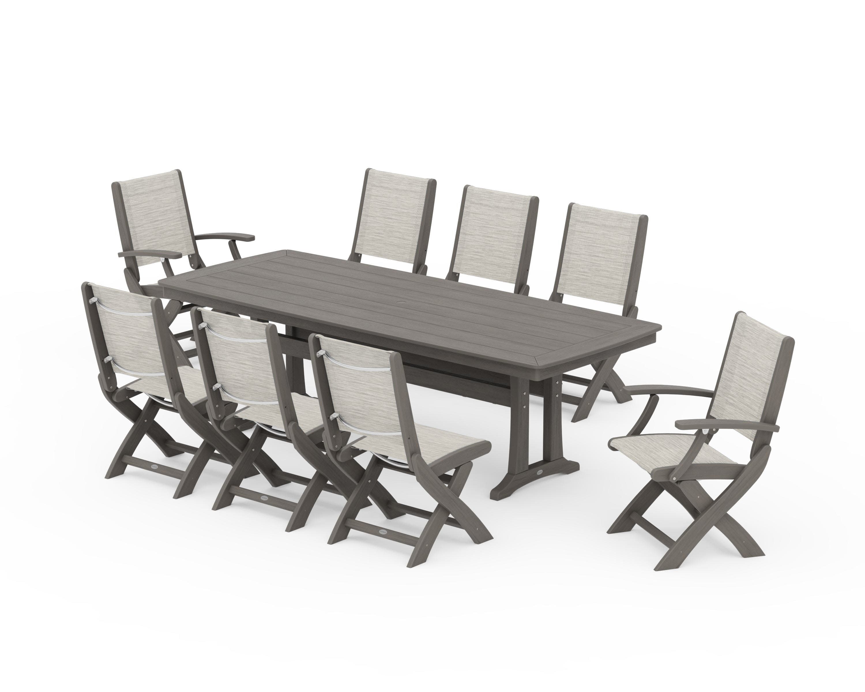 Coastal Folding 9-Piece Dining Set with Trestle Legs in Driftwood / Birch Sling