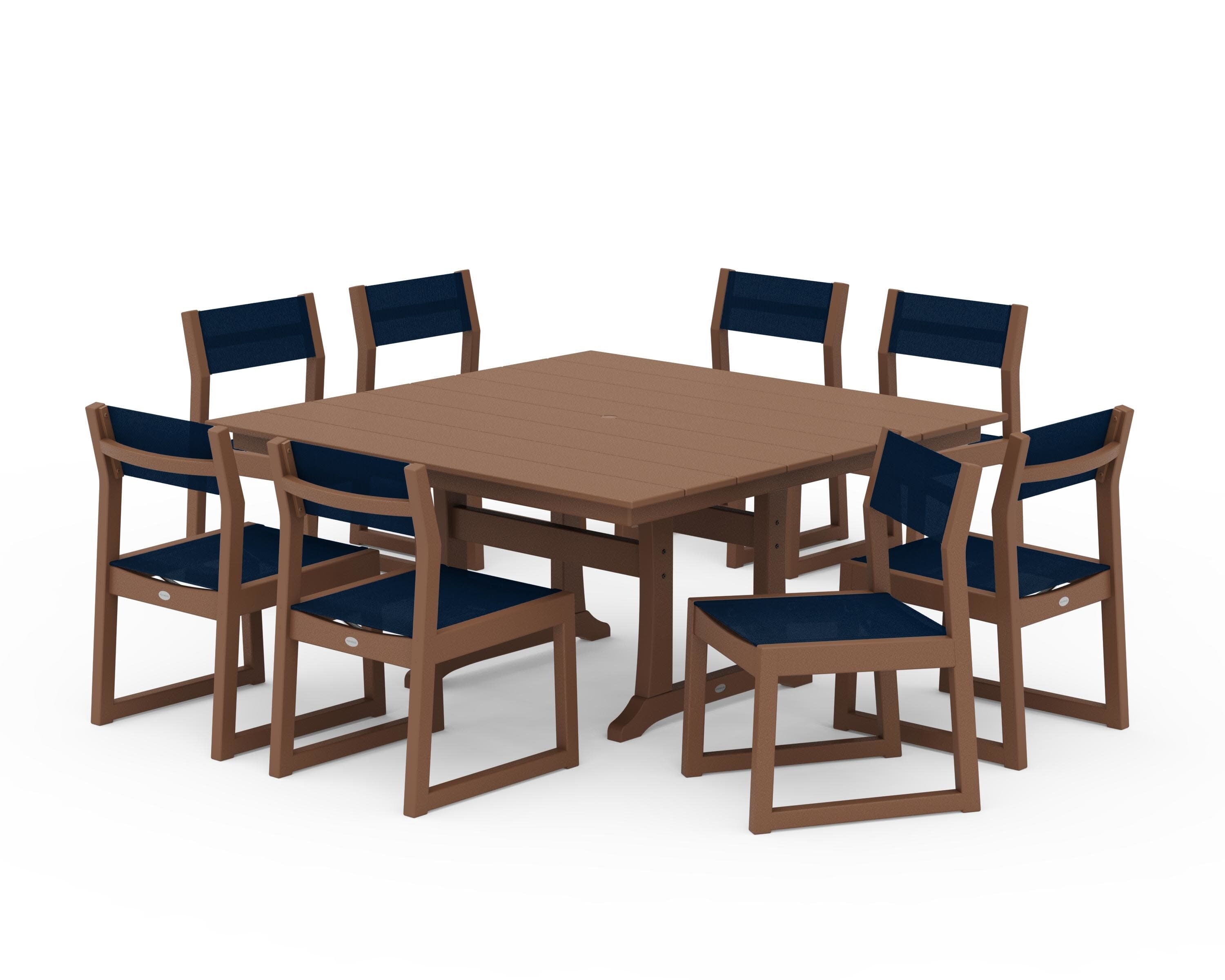 EDGE Sling Side Chair 9-Piece Farmhouse Trestle Dining Set in Teak / Navy Blue Sling