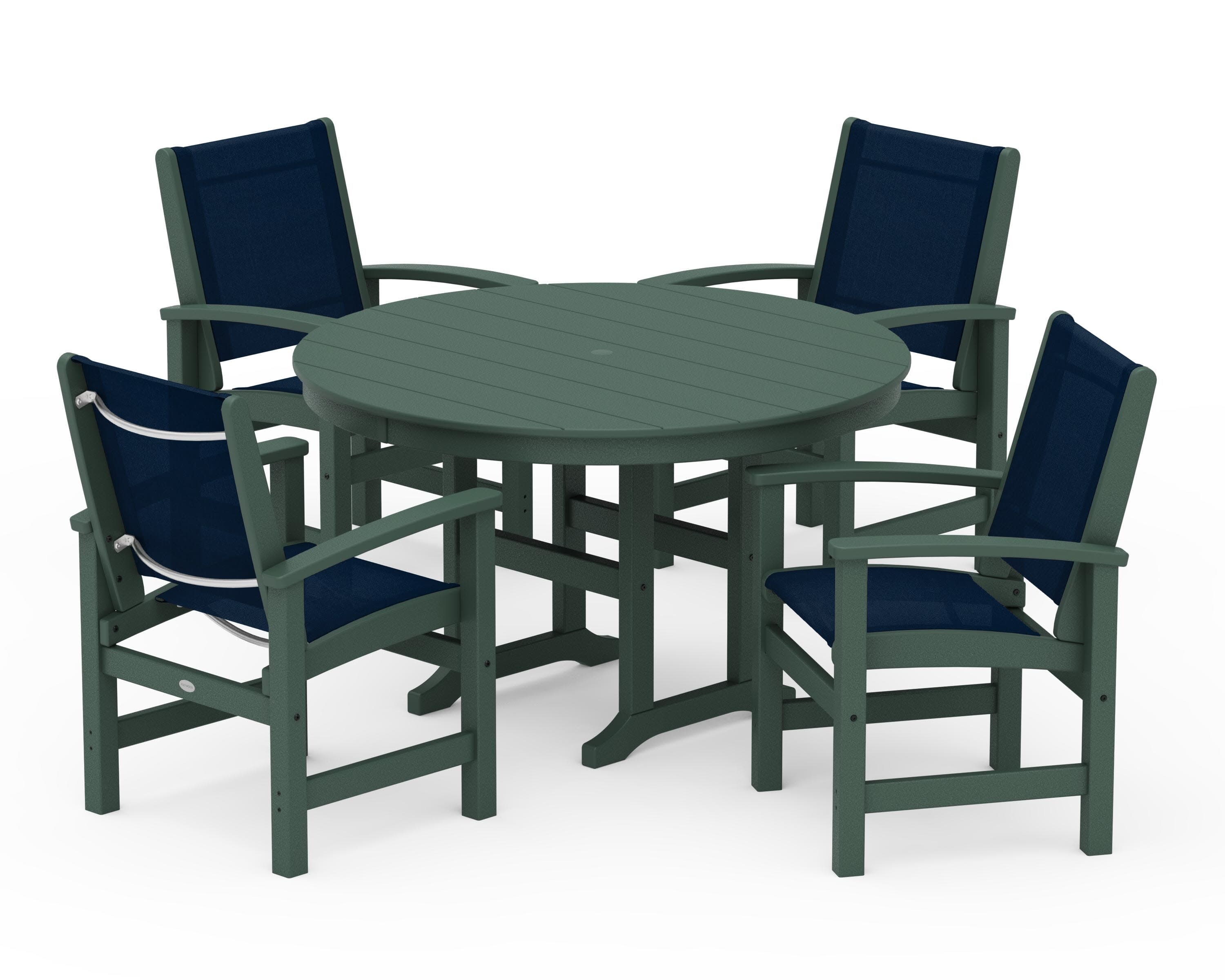 Coastal 5-Piece Round Farmhouse Dining Set in Green / Navy Blue Sling
