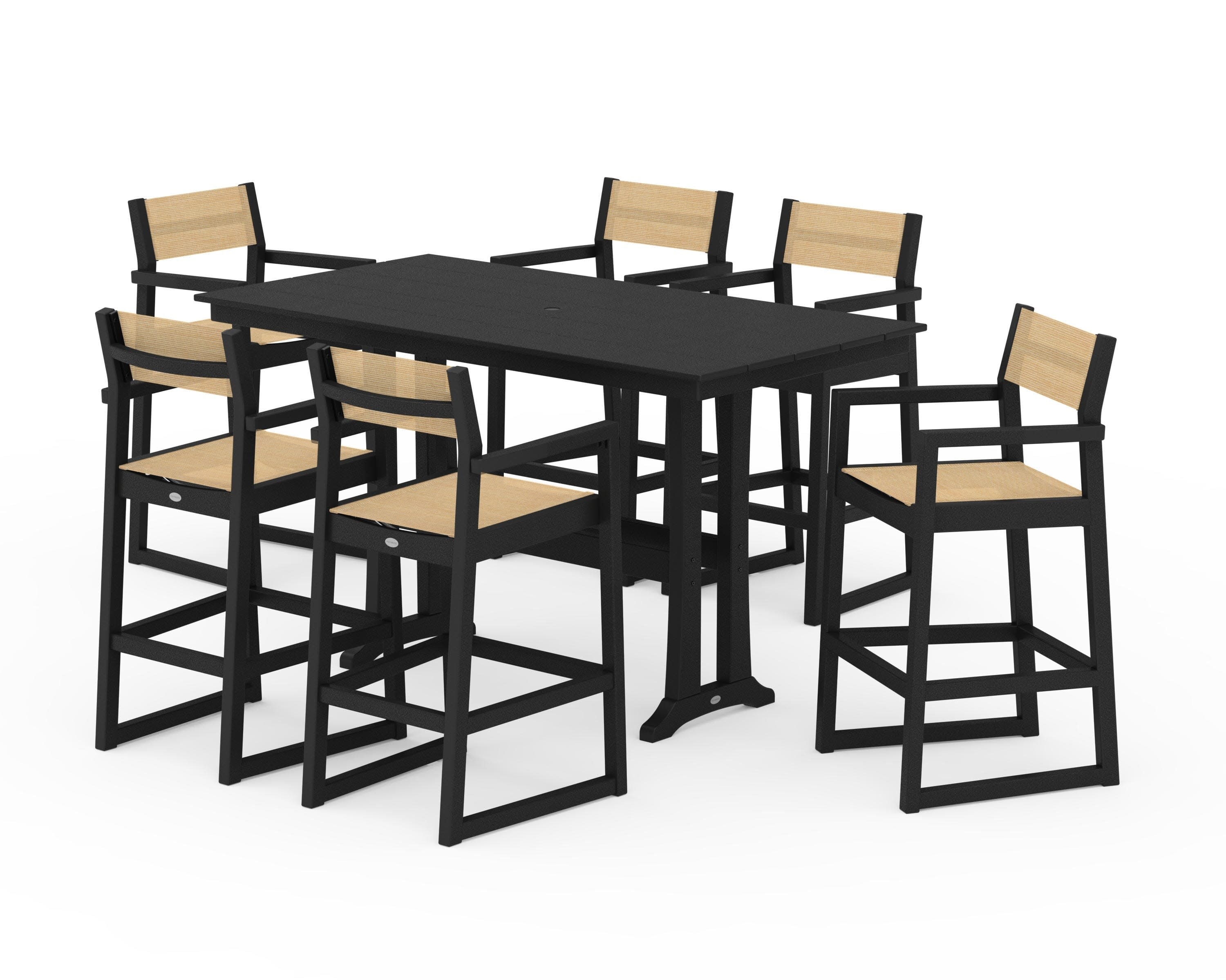 EDGE Sling Arm Chair 7-Piece Farmhouse Bar Set with Trestle Legs in Black / Dupioni Apricot Sling