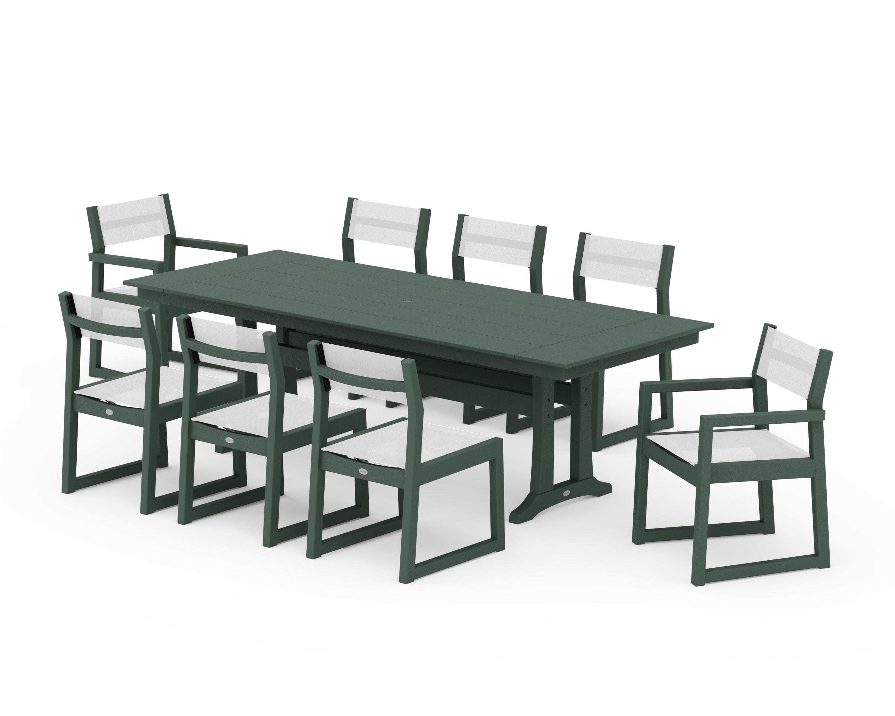 EDGE Sling 9-Piece Farmhouse Trestle Dining Set in Green / White Sling