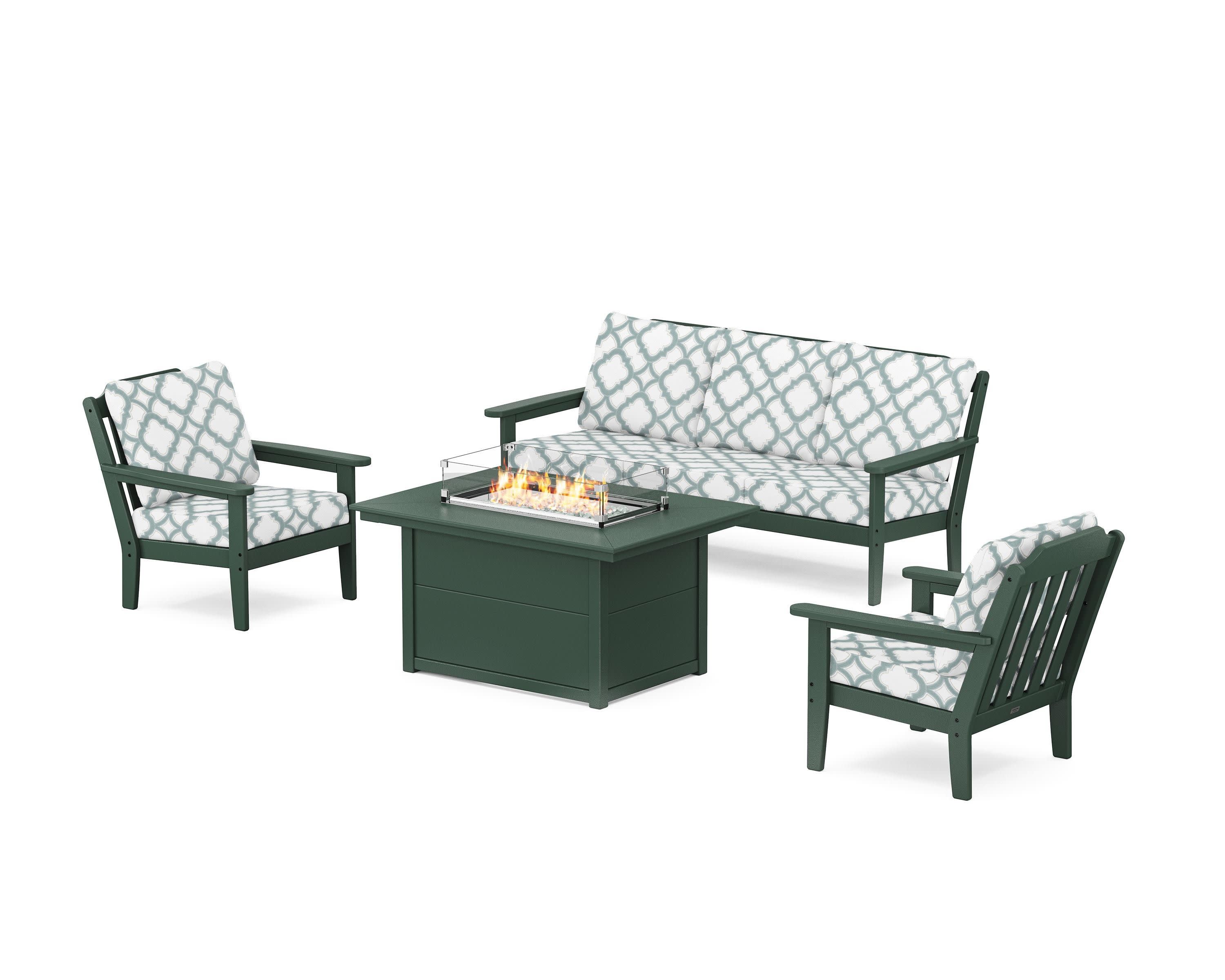 Cottage Deep Seating Fire Pit Table Set in Green / Trellis Glacier Spa