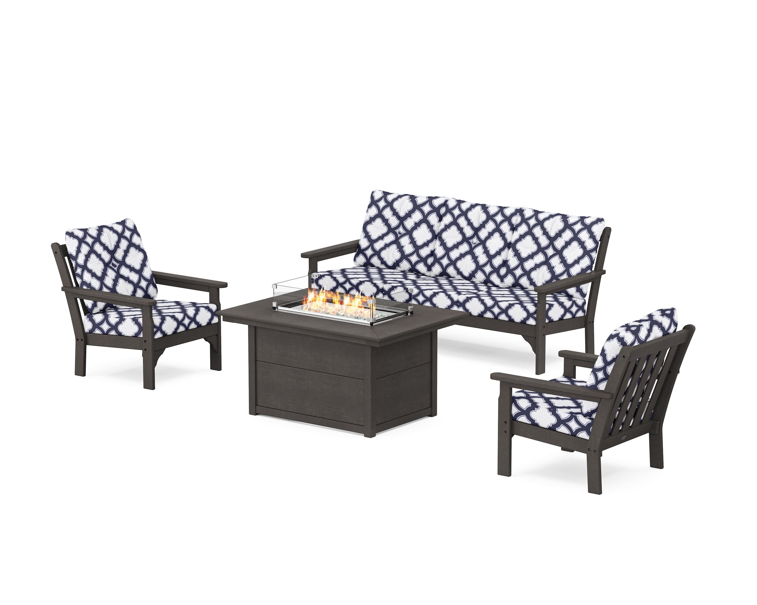 Vineyard Deep Seating Fire Pit Table Set in Vintage Coffee / Trellis Navy