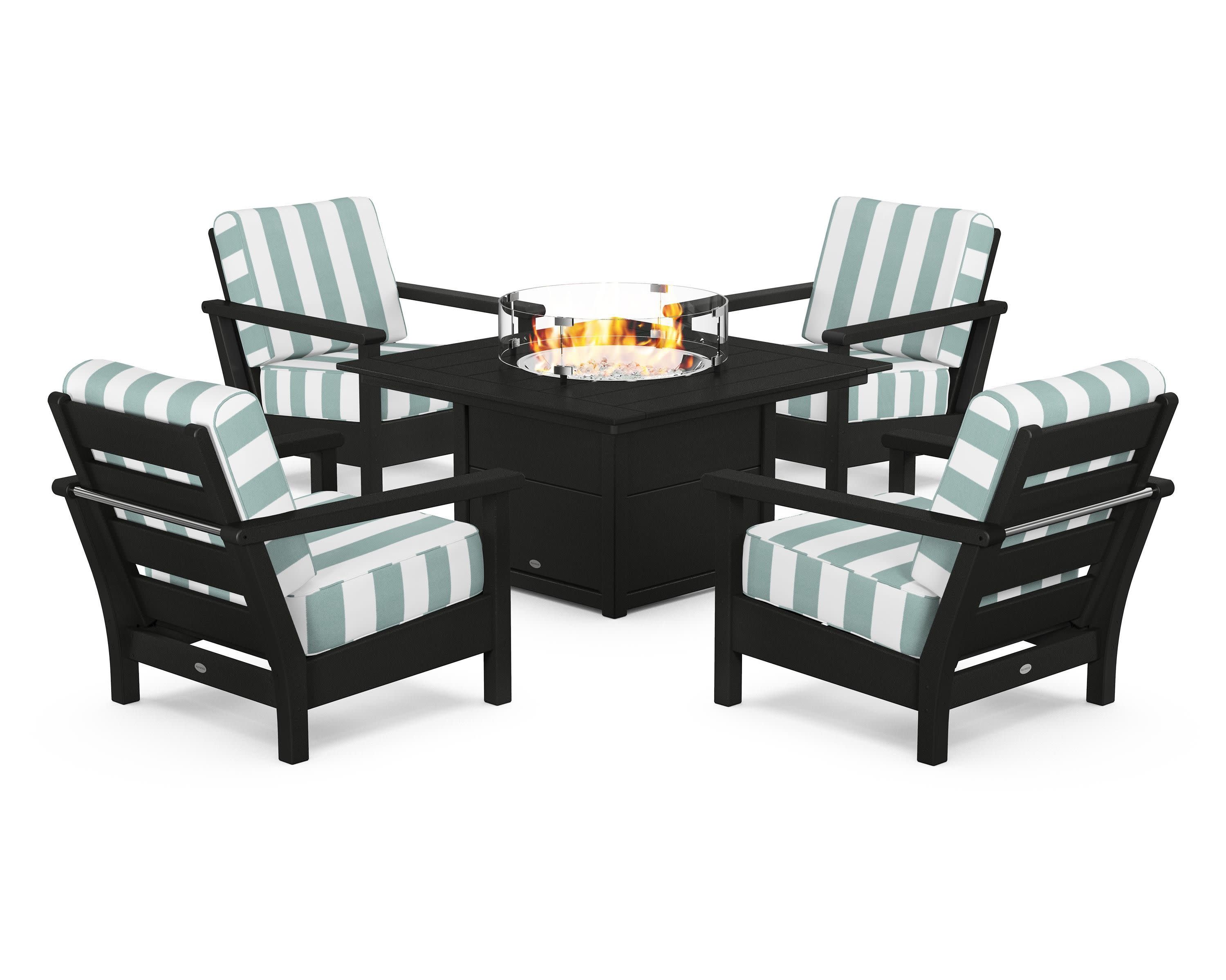 Harbour 5-Piece Conversation Set with Fire Pit Table in Black / Cabana Stripe Glacier Spa