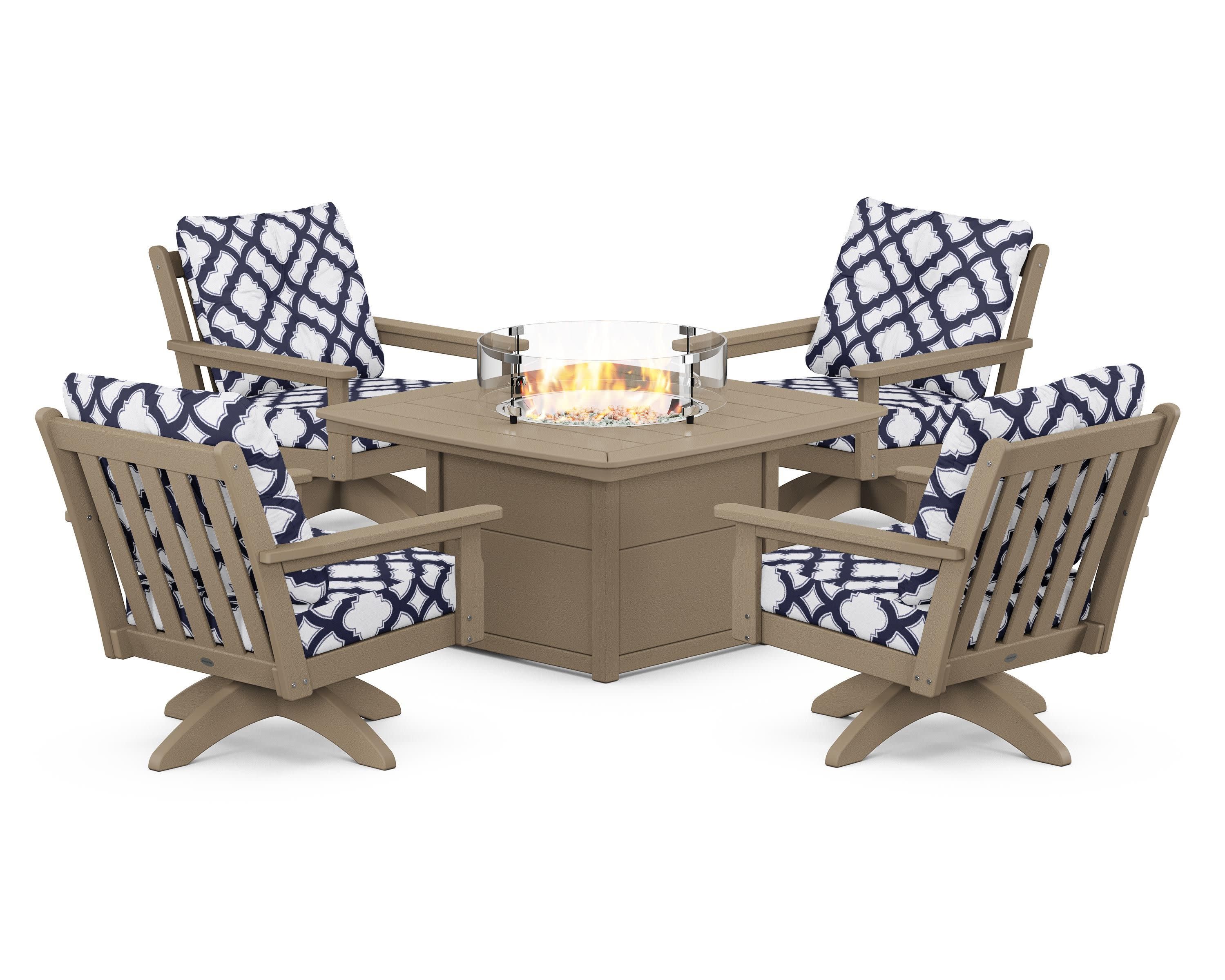 Vineyard 5-Piece Deep Seating Swivel Conversation Set with Fire Pit Table in Vintage Sahara / Trellis Navy
