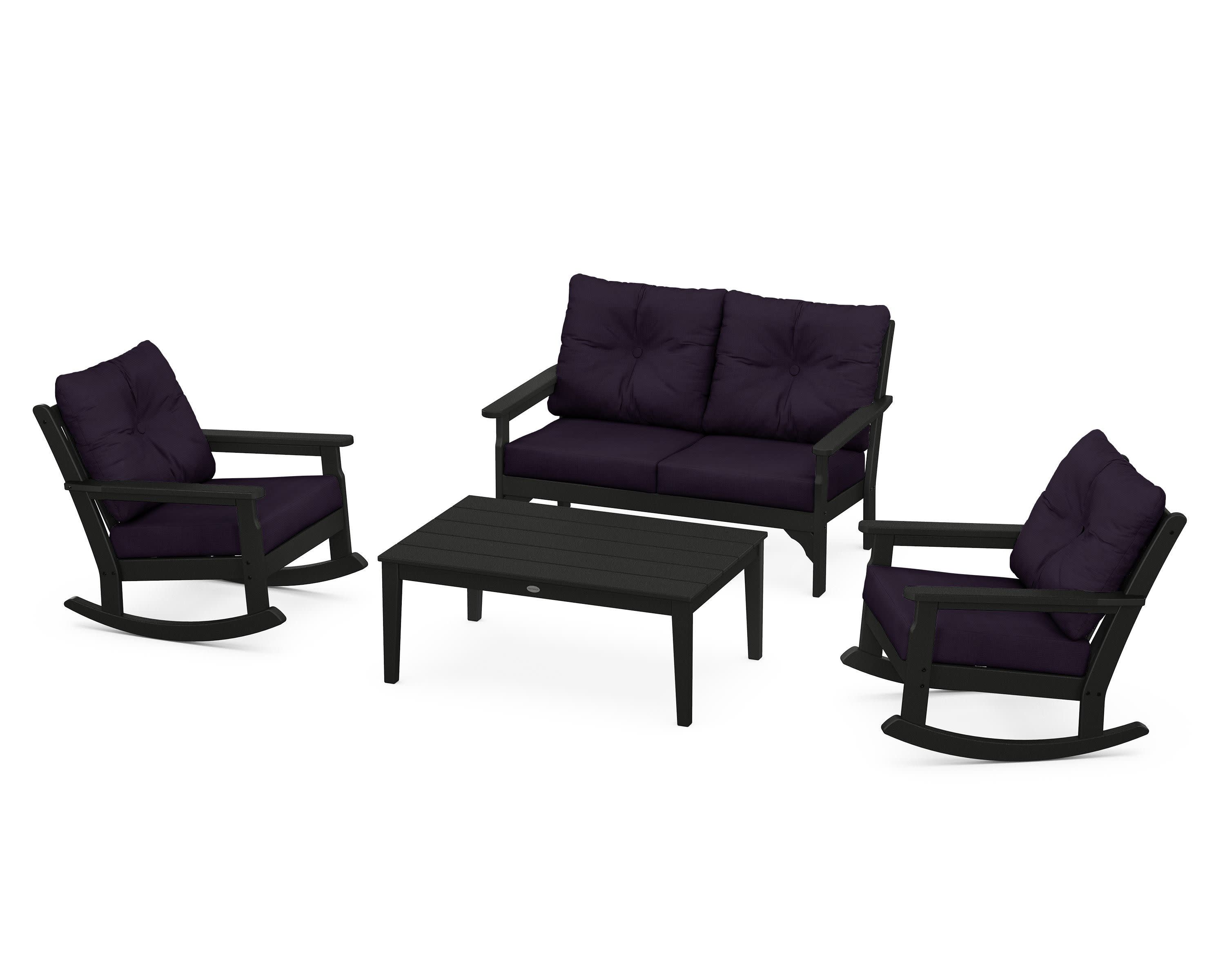 Vineyard 4-Piece Deep Seating Rocking Chair Set in Black / Navy Linen