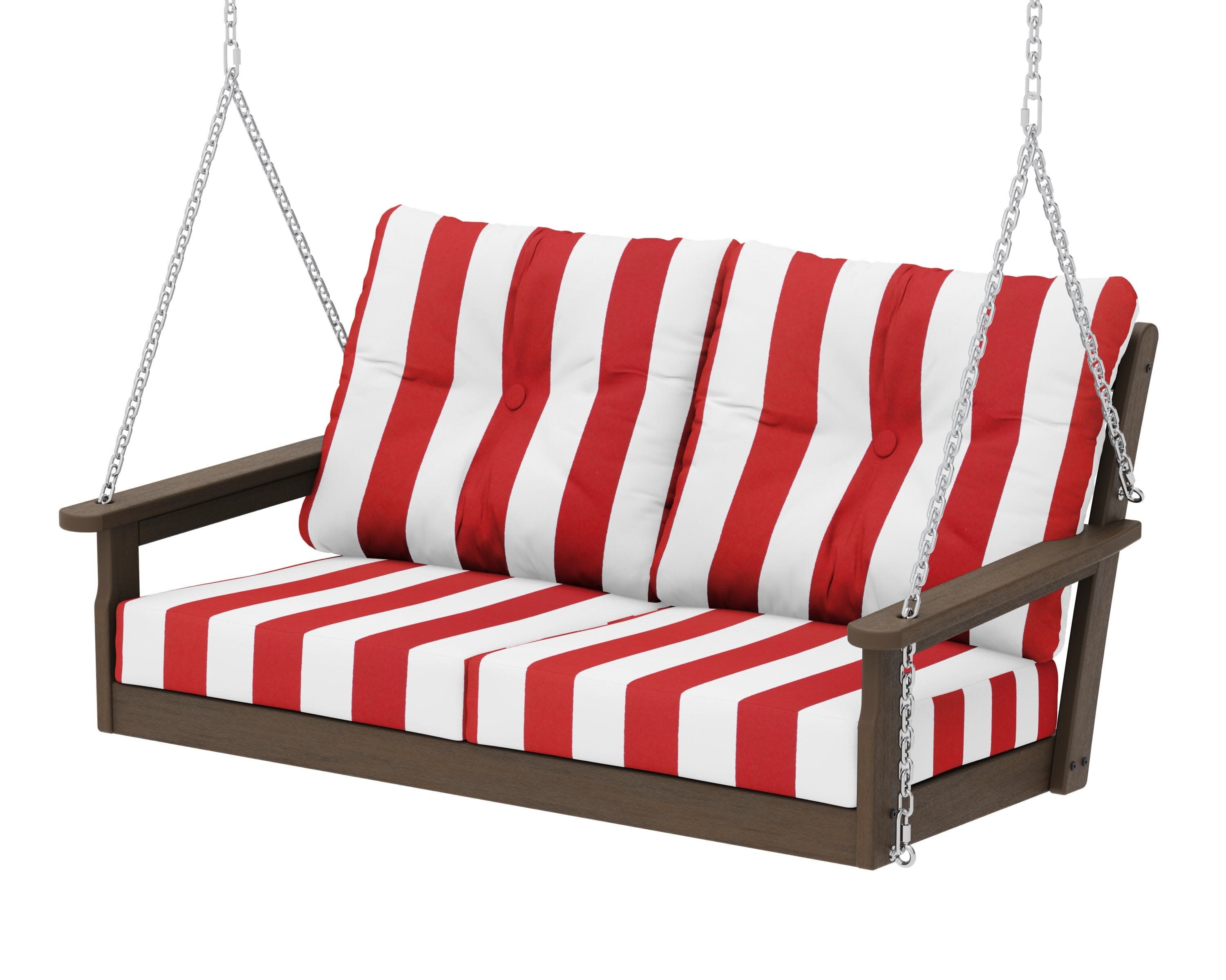 Vineyard Deep Seating Swing in Kona / Cabana Stripe Crimson