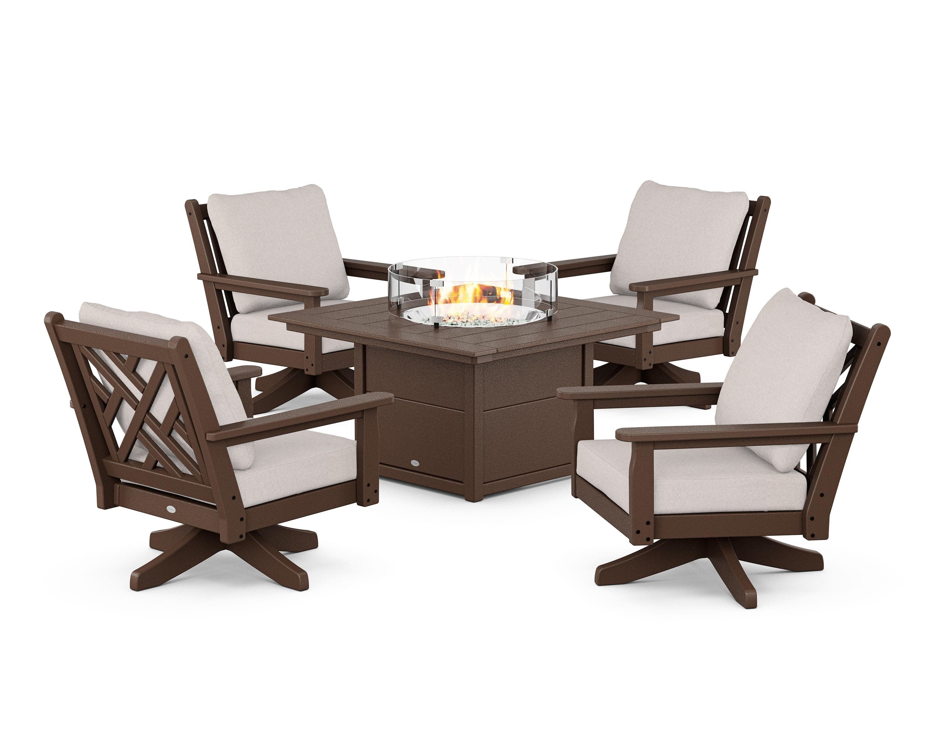 Chippendale 5-Piece Deep Seating Swivel Conversation Set with Fire Pit Table in Mahogany / Dune Burlap