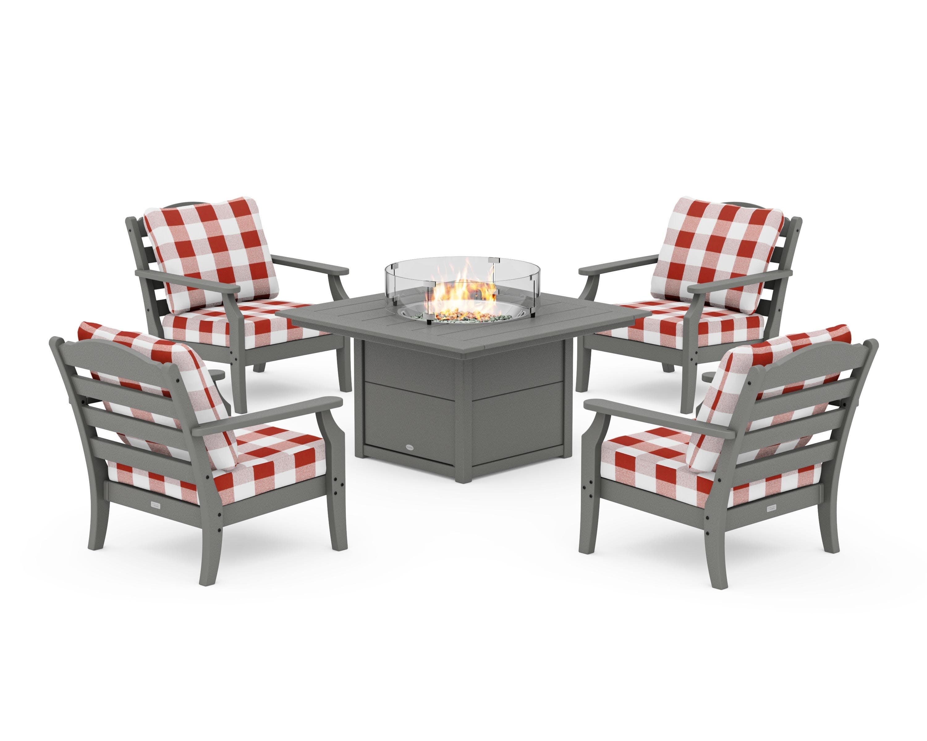 Savannah 5-Piece Deep Seating Set with Fire Pit Table in Slate Grey / Buffalo Plaid Crimson