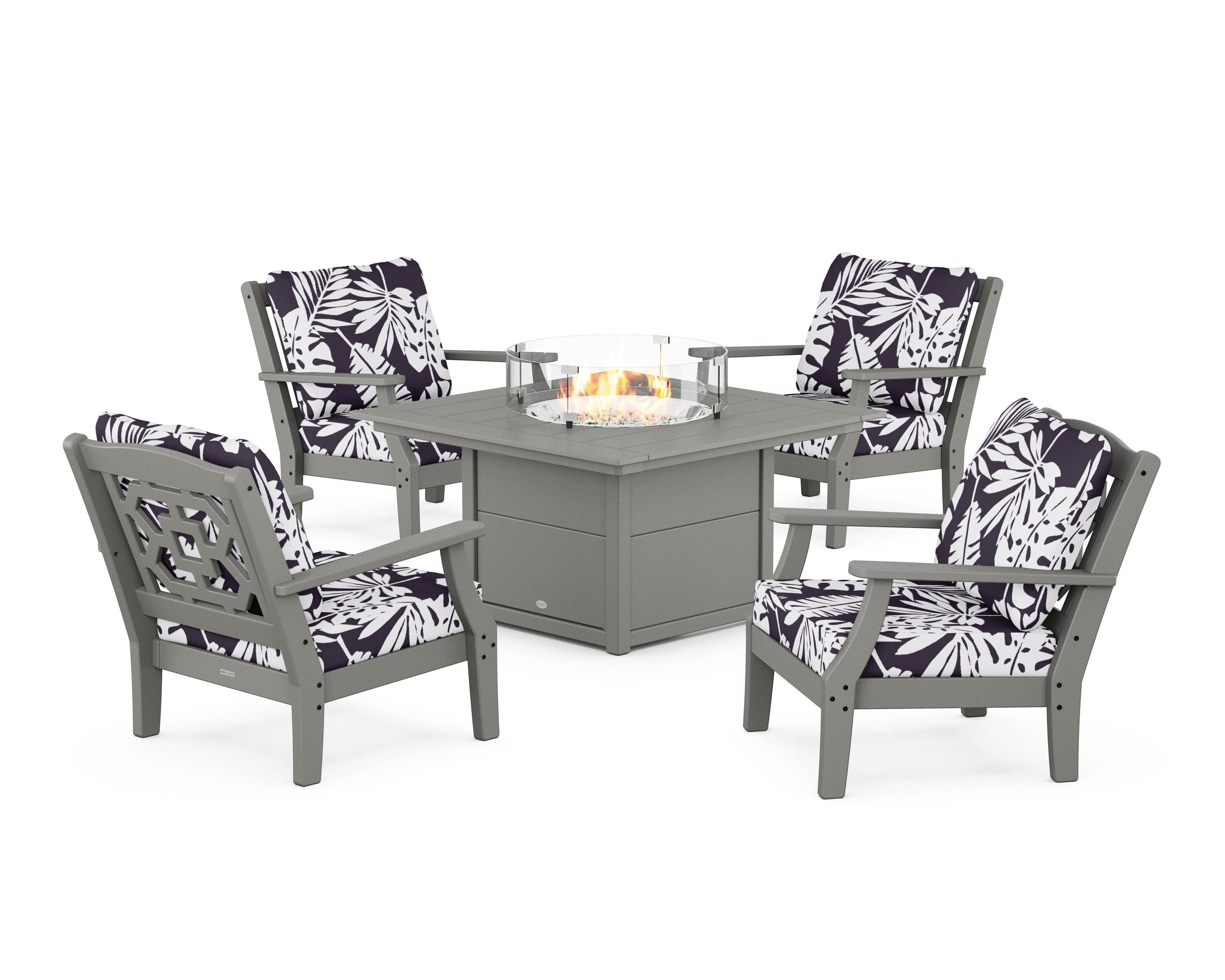 Chinoiserie 5-Piece Deep Seating Set with Fire Pit Table in Slate Grey / Leaf Navy