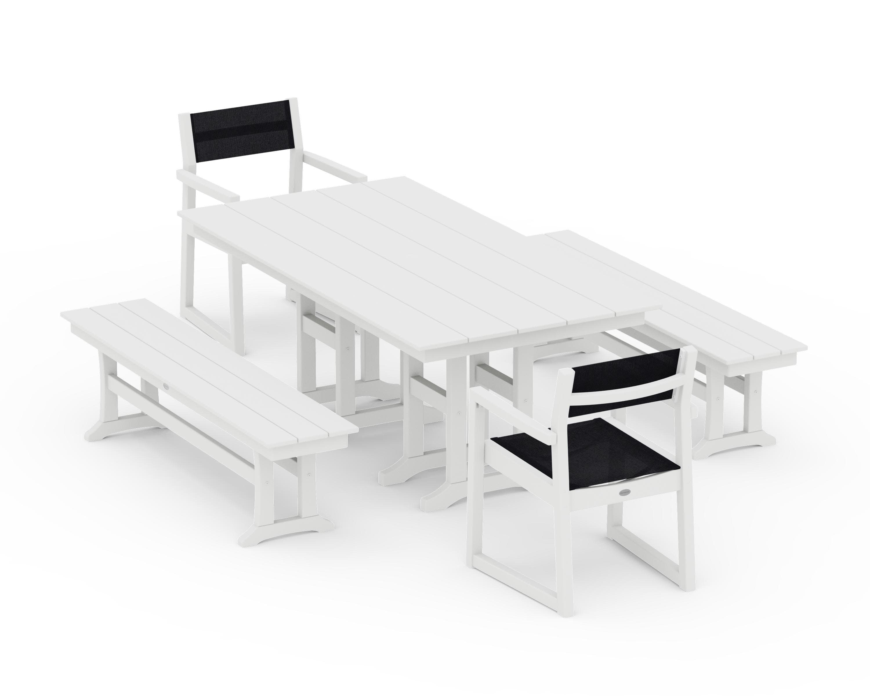 EDGE Sling Arm Chair 5-Piece Farmhouse Dining Set with Benches in White / Black Sling