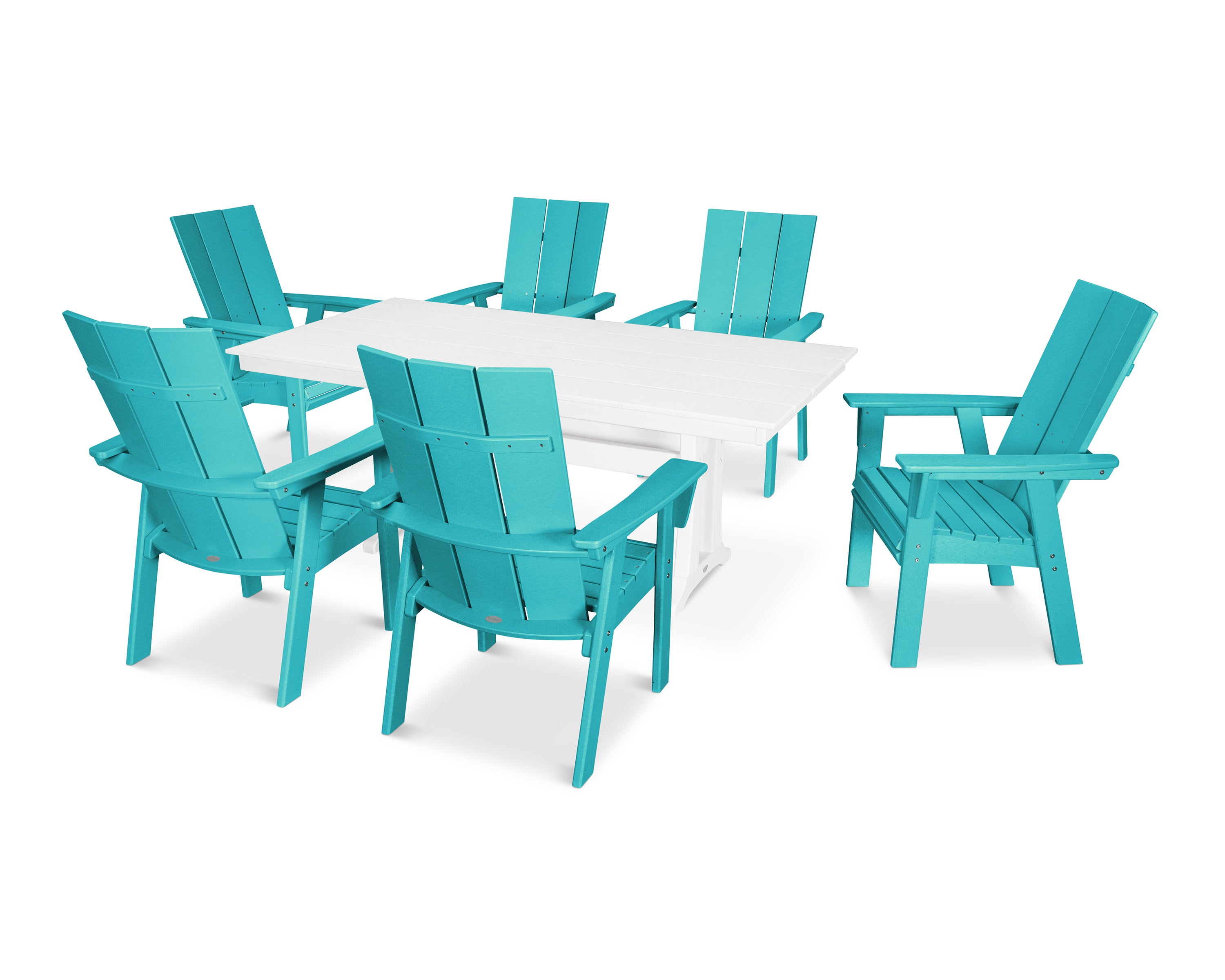 Modern Curveback Adirondack 7-Piece Farmhouse Dining Set with Trestle Legs in Aruba / White