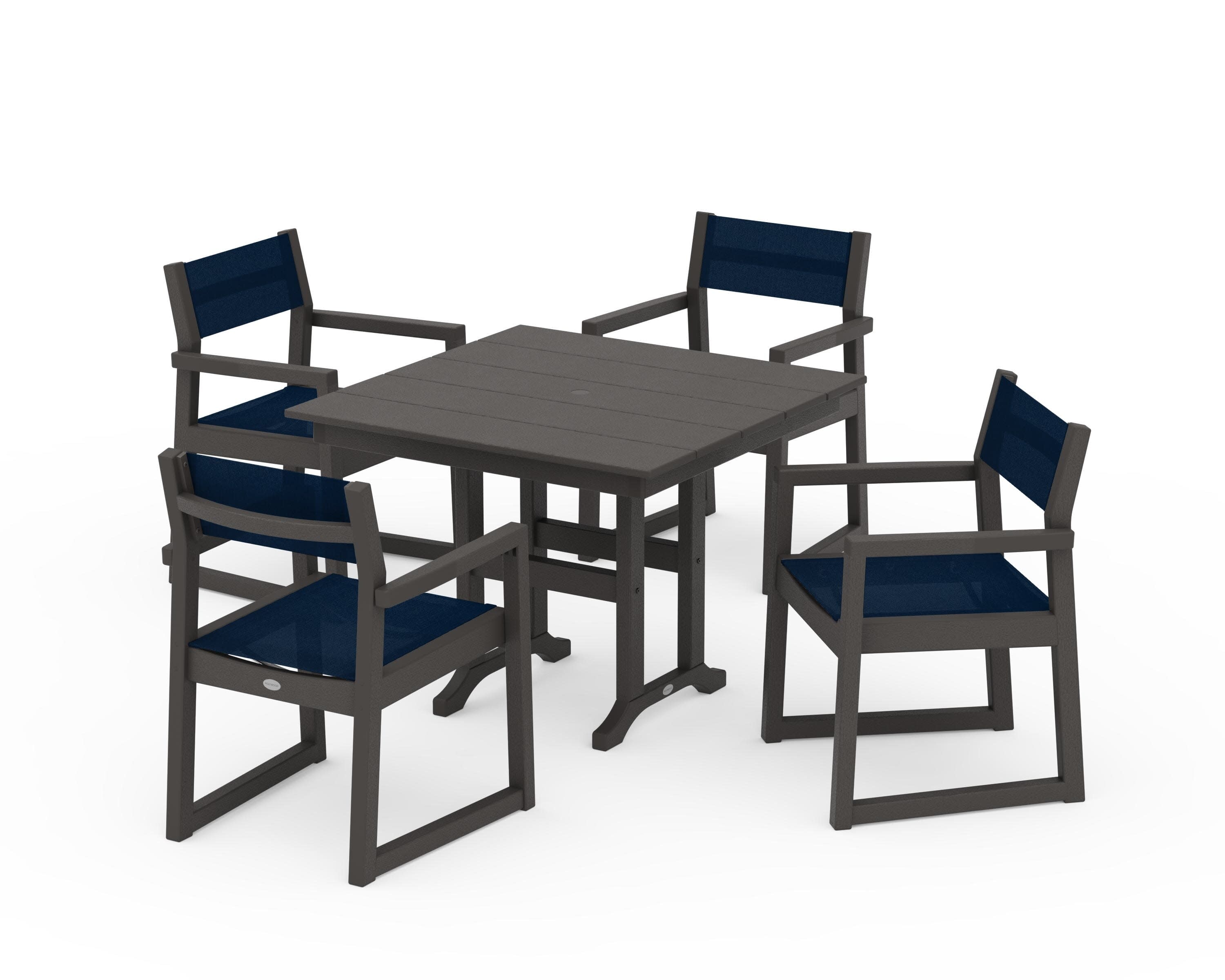 EDGE Sling Arm Chair 5-Piece Farmhouse Dining Set in Vintage Coffee / Navy Blue Sling